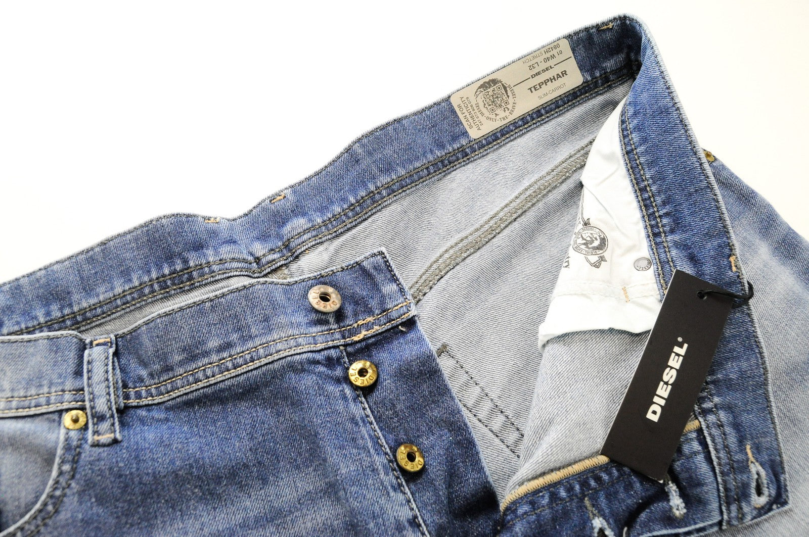 DIESEL Tepphar 0842H vyriški džinsai W40/L32 Slim Carrot Fit, mėlyni, 5 kišenių, tamprūs 