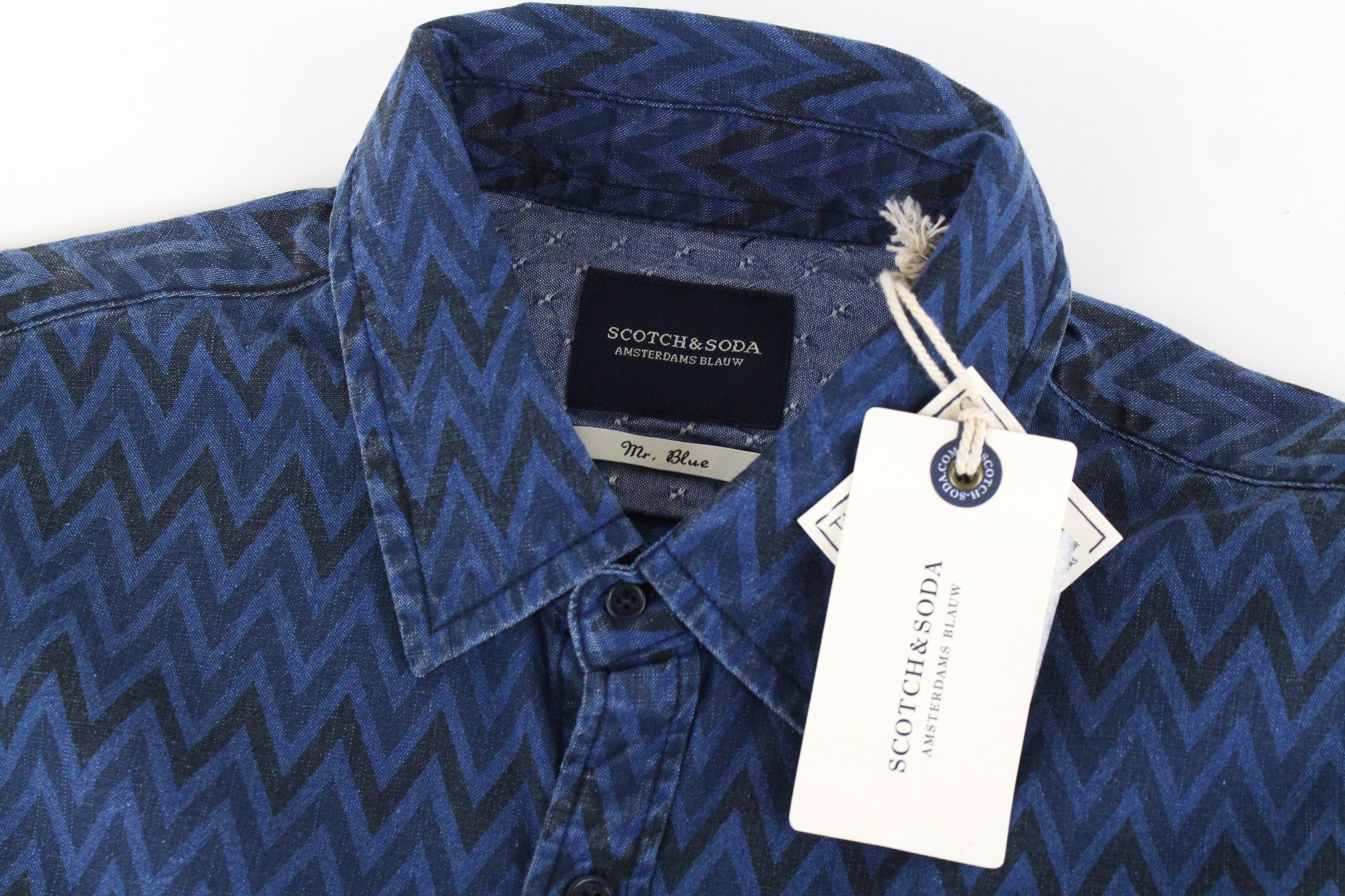 SCOTCH &amp; SODA Ams Blauw vyriški S raštais mėlyni džinsinio stiliaus medvilniniai marškiniai