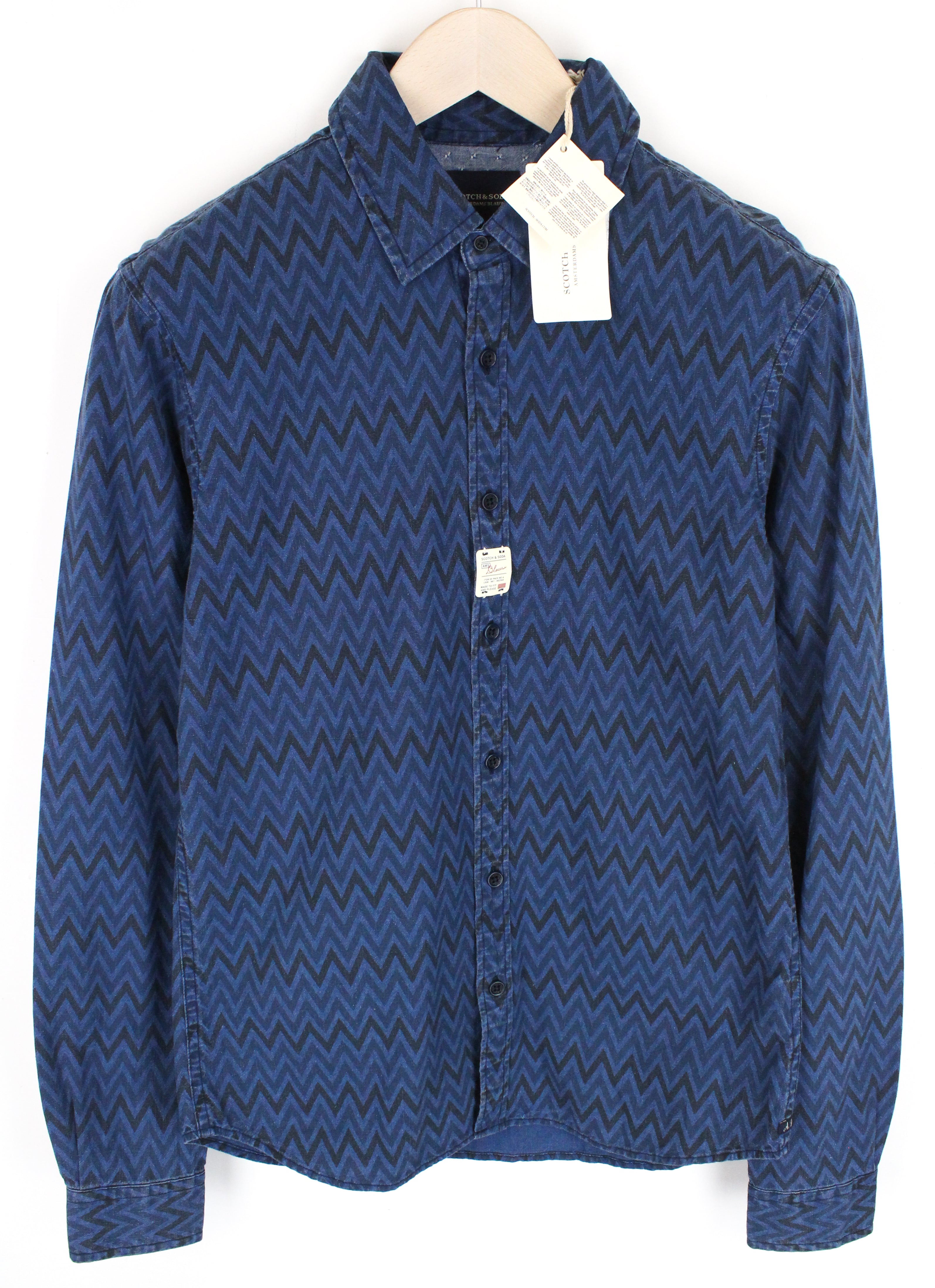 SCOTCH &amp; SODA Ams Blauw vyriški S raštais mėlyni džinsinio stiliaus medvilniniai marškiniai