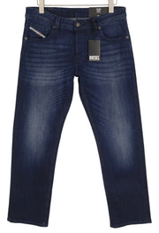 DIESEL 1985 Larkee RB067 vyriški džinsai W34/L32 tiesaus kirpimo, su sagomis, skalbtos mėlynos spalvos 