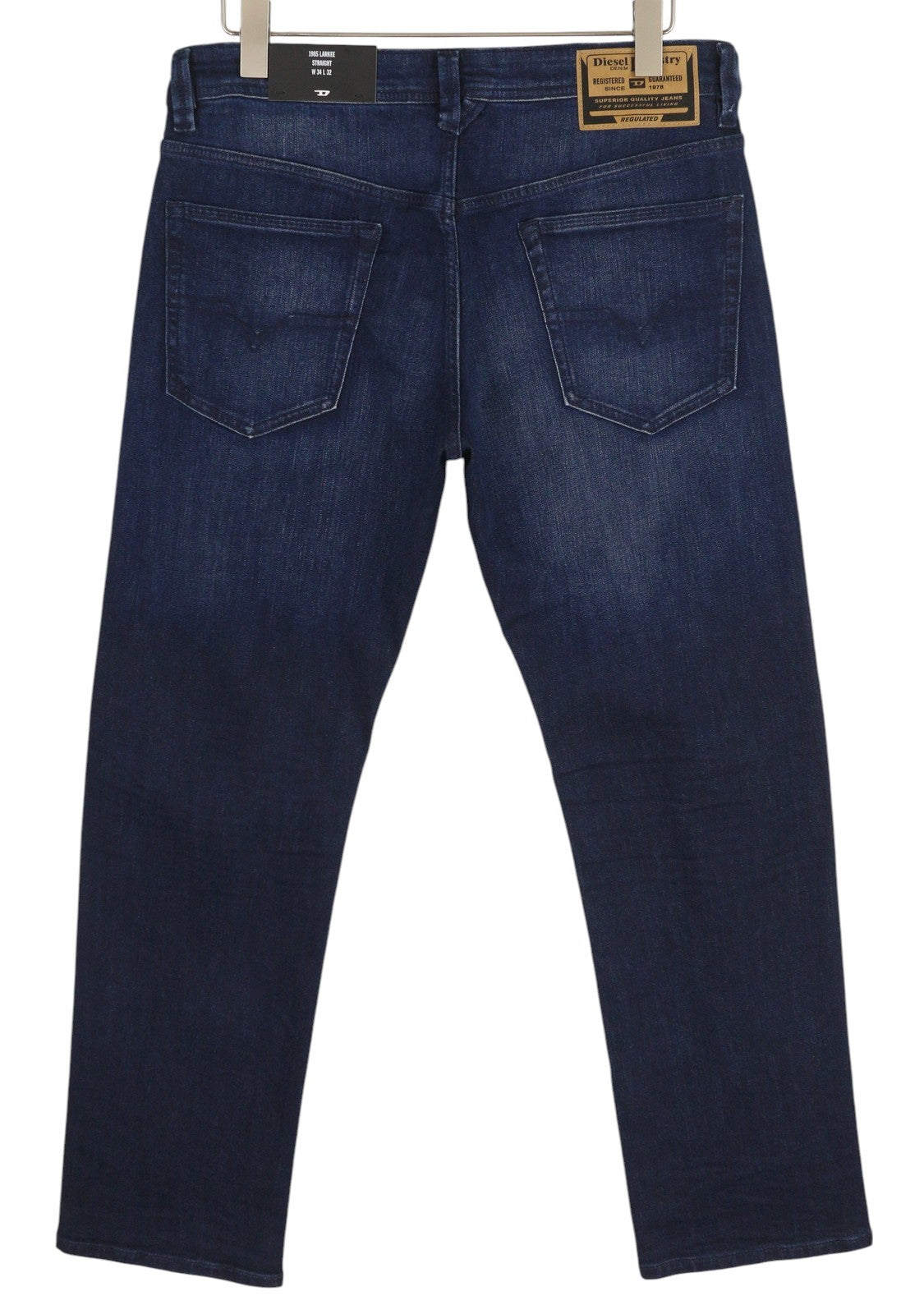 DIESEL 1985 Larkee RB067 vyriški džinsai W34/L32 tiesaus kirpimo, su sagomis, skalbtos mėlynos spalvos 