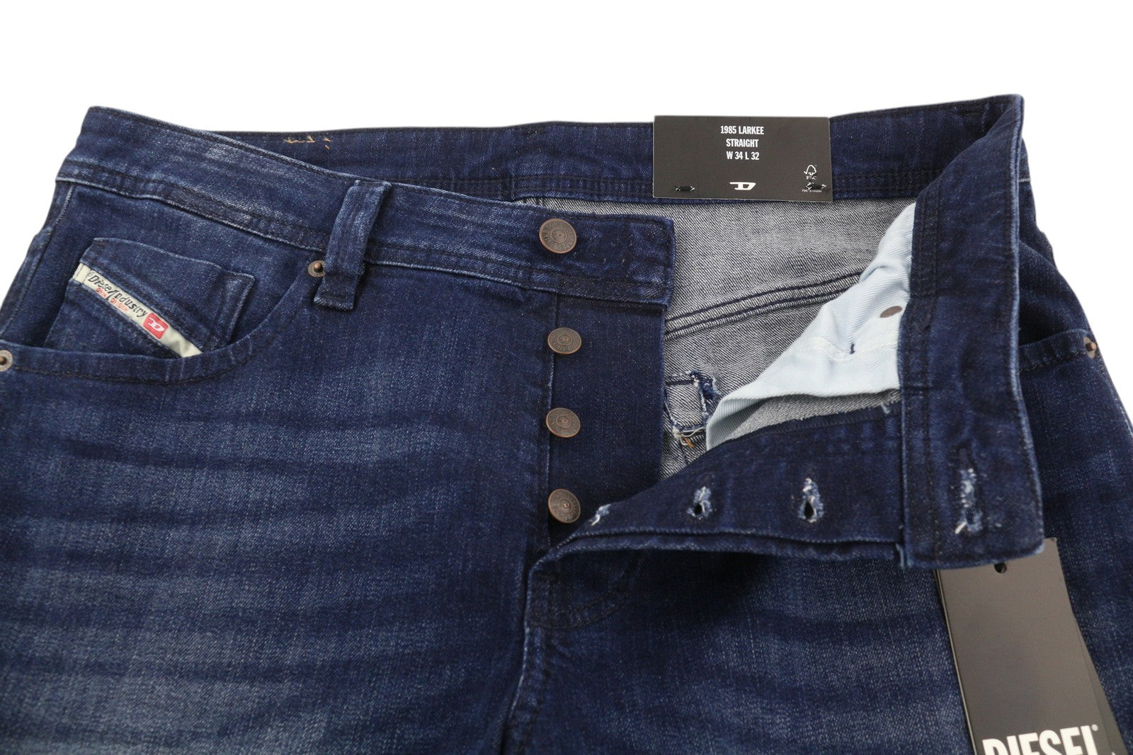DIESEL 1985 Larkee RB067 vyriški džinsai W34/L32 tiesaus kirpimo, su sagomis, skalbtos mėlynos spalvos 