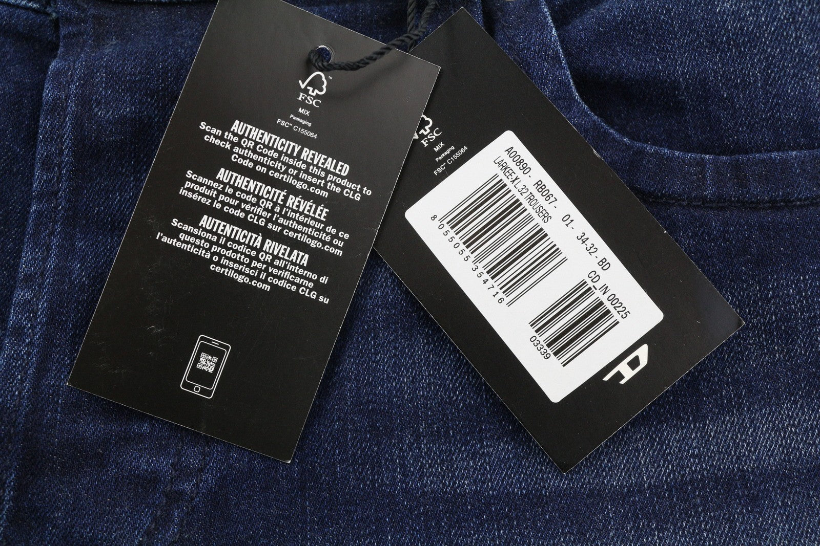 DIESEL 1985 Larkee RB067 vyriški džinsai W34/L32 tiesaus kirpimo, su sagomis, skalbtos mėlynos spalvos 