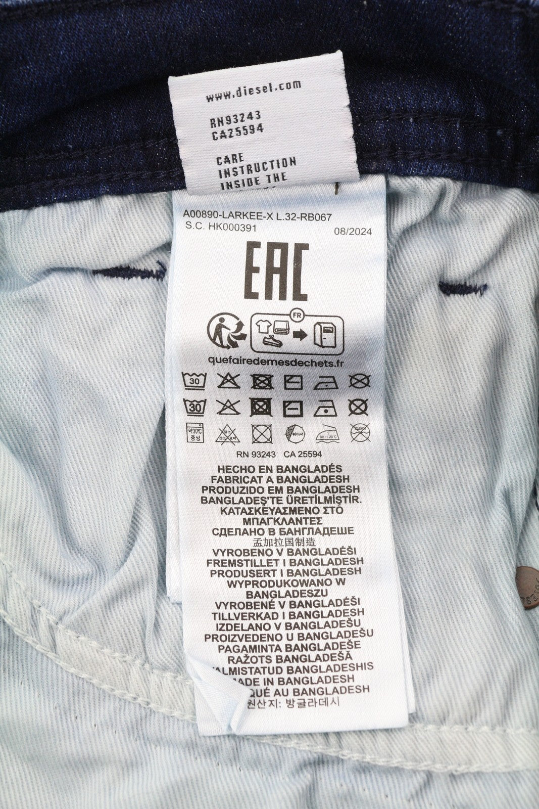 DIESEL 1985 Larkee RB067 vyriški džinsai W32/L32 tiesaus kirpimo, su sagomis, skalbtos mėlynos spalvos 