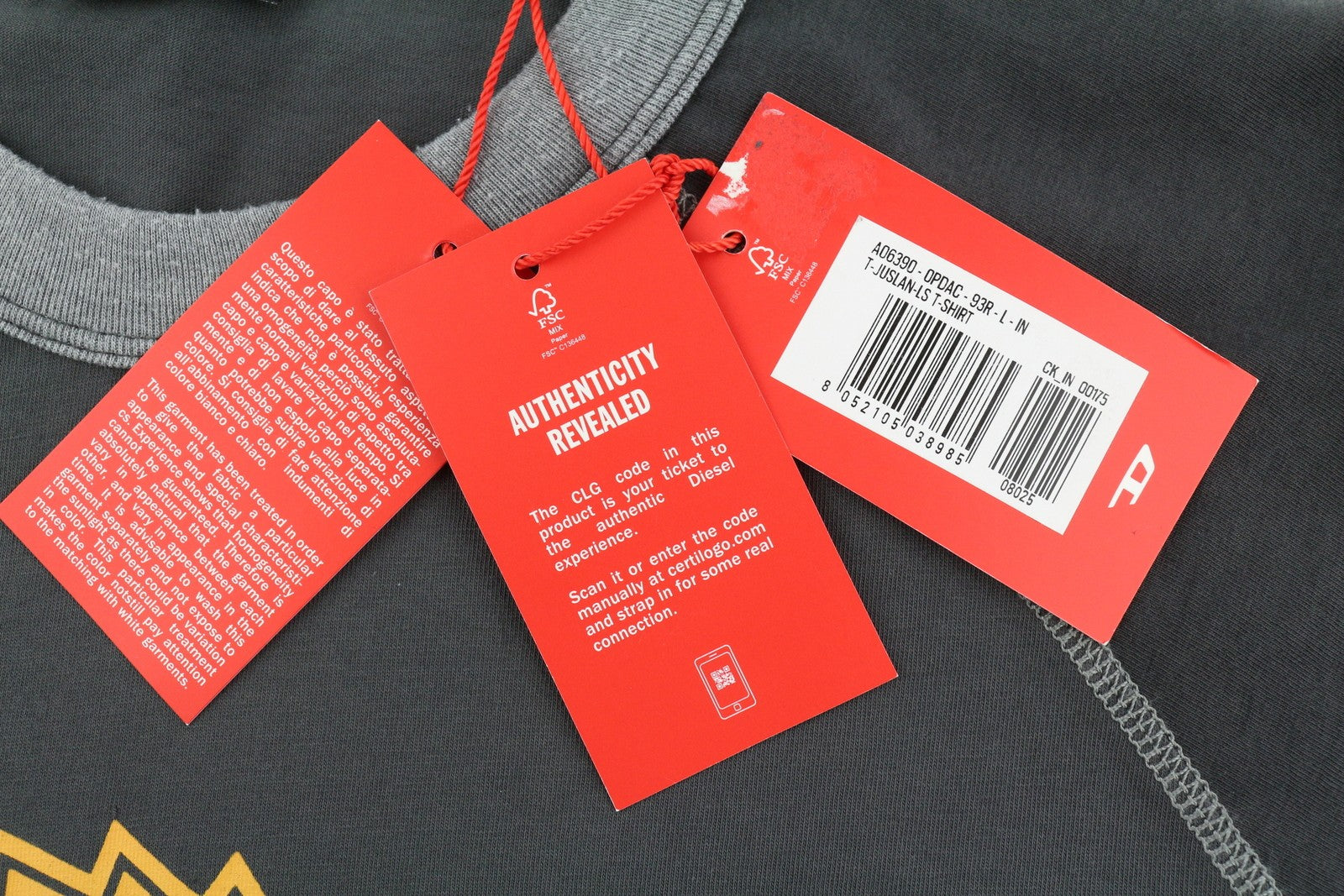 DIESEL T-Juslan-LS Men T-Shirt L Grey Cotton Long Sleeve Crew Neck RRP€100