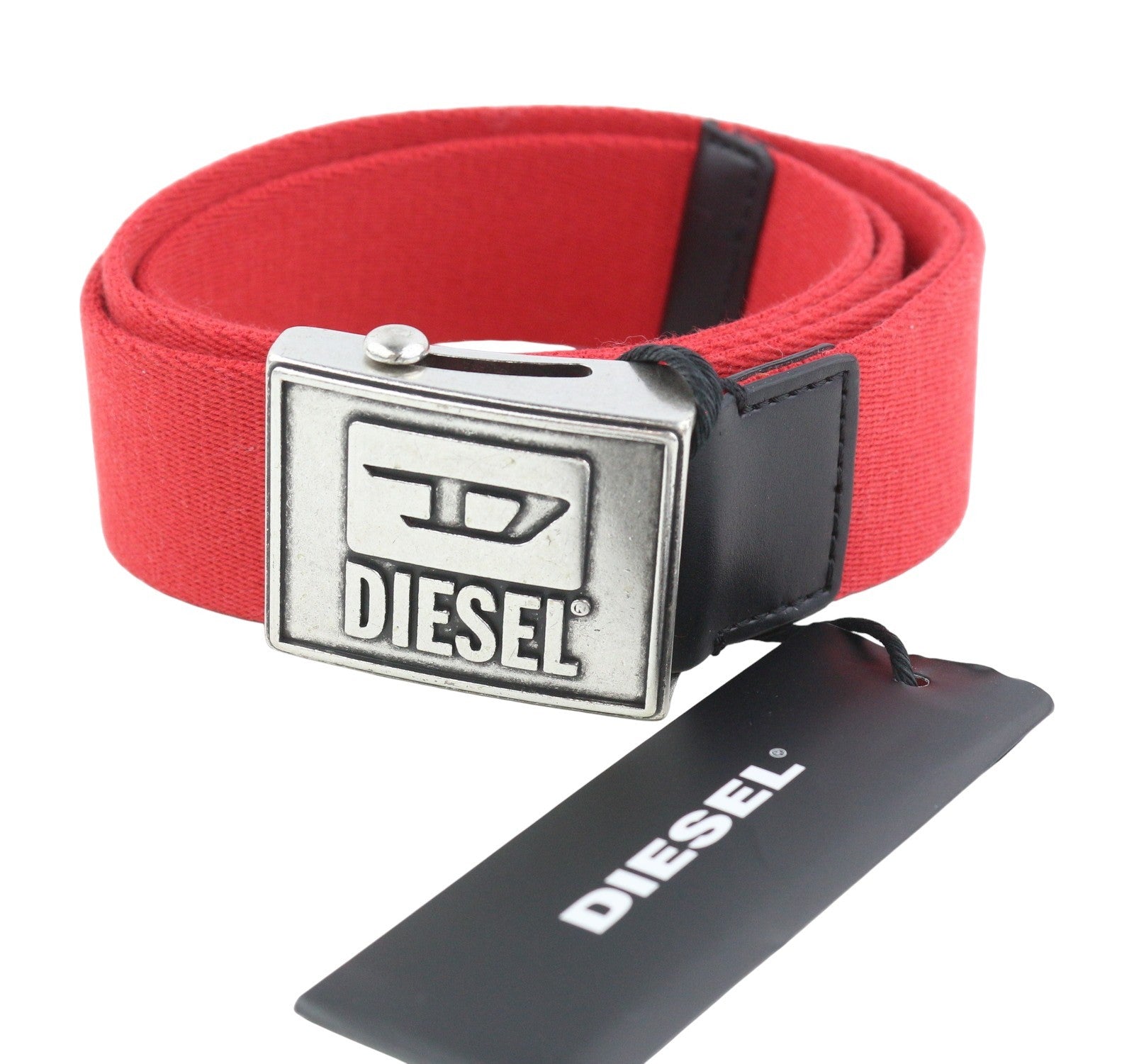 DIESEL B-Metaltape vyriškas diržas, 95 cm, raudonas, tekstilinis, su plokštele, sagtimi, laisvalaikio logotipu 