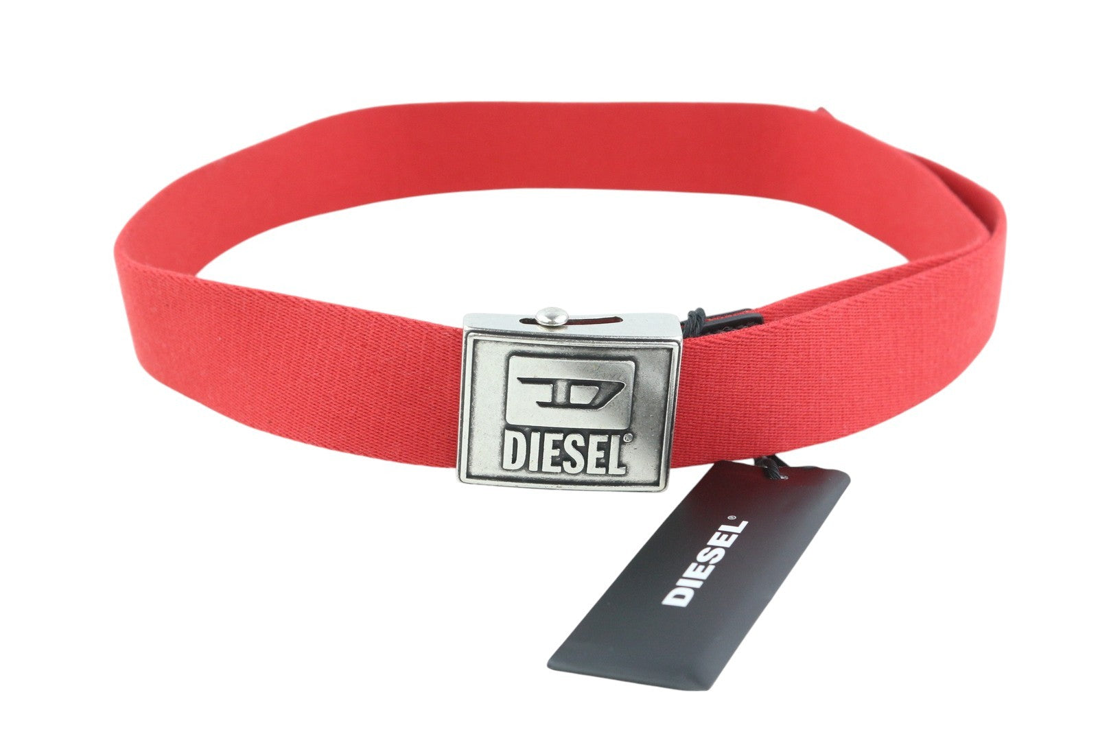 DIESEL B-Metaltape vyriškas diržas, 95 cm, raudonas, tekstilinis, su plokštele, sagtimi, laisvalaikio logotipu 