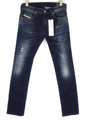 DIESEL Thavar-NE 0607U vyriški džinsai W28 Sweat Jogg Slim mėlyni, tamprūs, plėšyti 