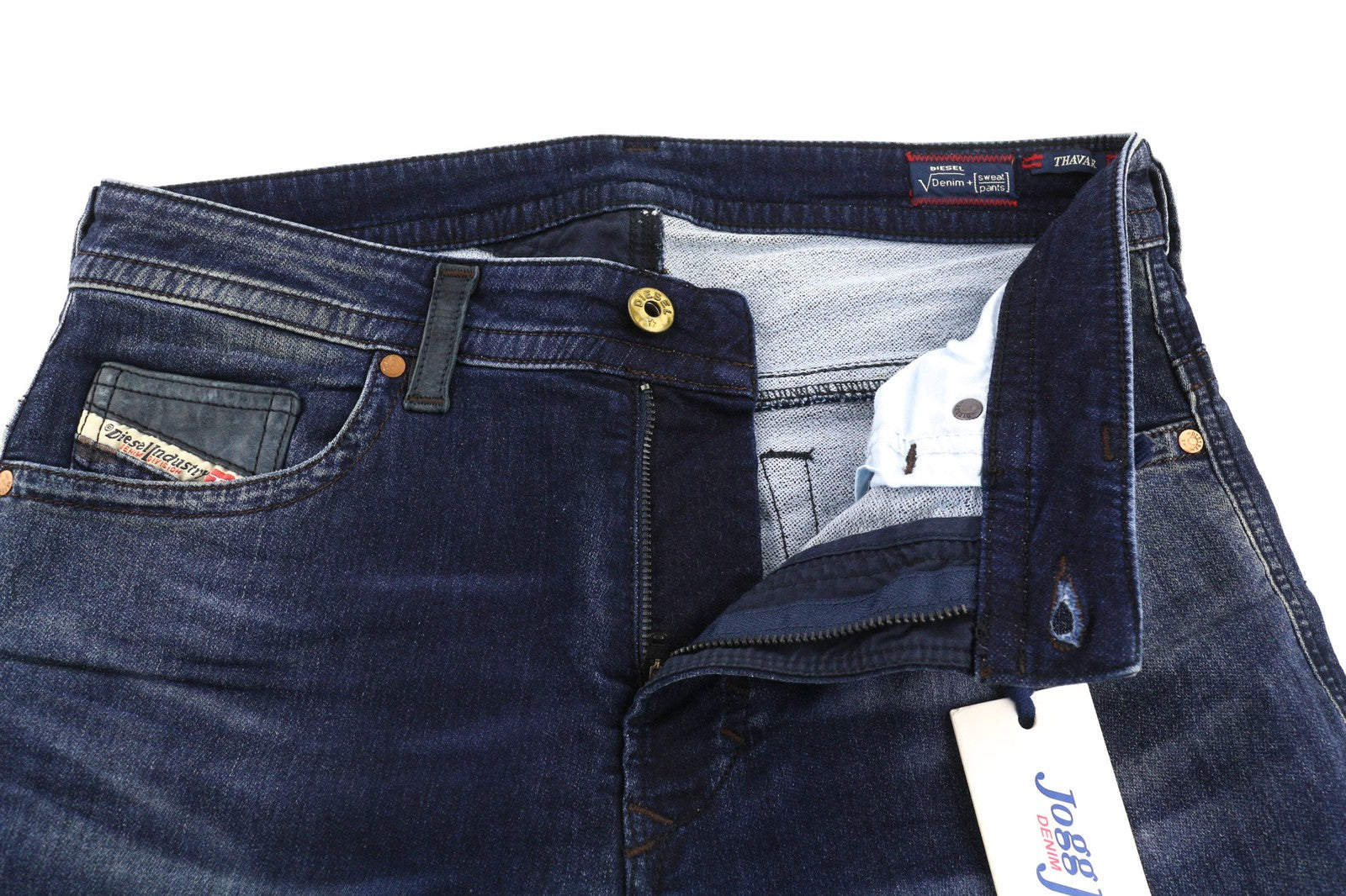 DIESEL Thavar-NE 0607U vyriški džinsai W28 Sweat Jogg Slim mėlyni, tamprūs, plėšyti 