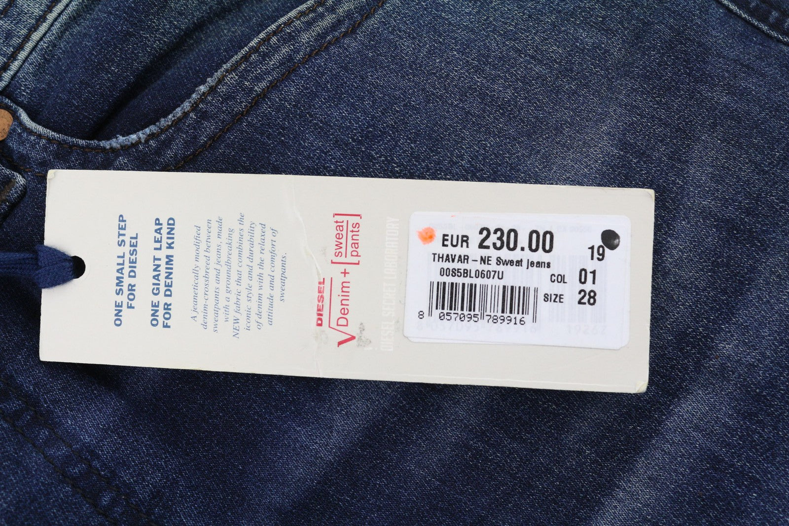 DIESEL Thavar-NE 0607U vyriški džinsai W28 Sweat Jogg Slim mėlyni, tamprūs, plėšyti 