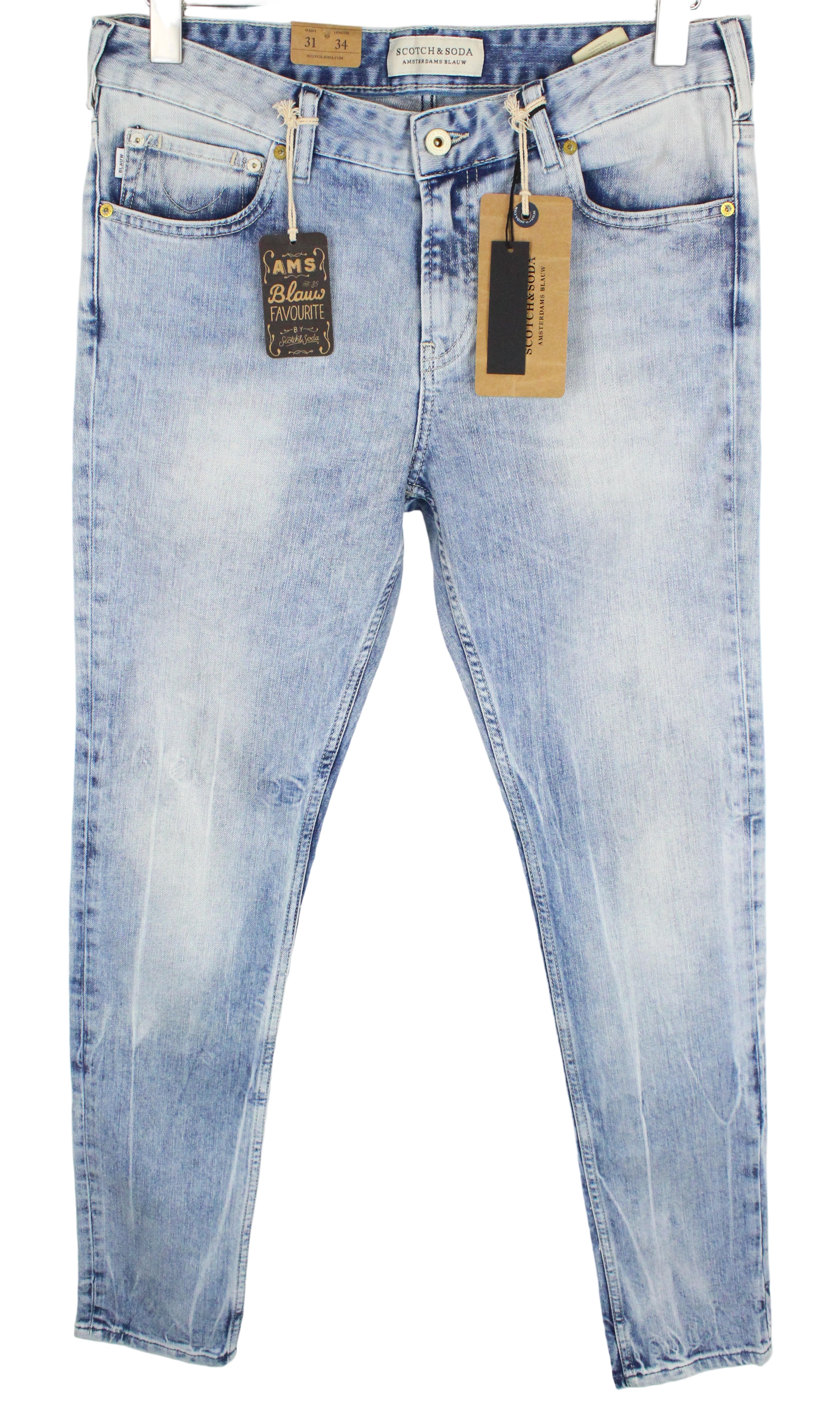 SCOTCH &amp; SODA Skim vyriški W31/L34 mėlyni medvilniniai tamprūs aptempti džinsai su 5 kišenėmis 