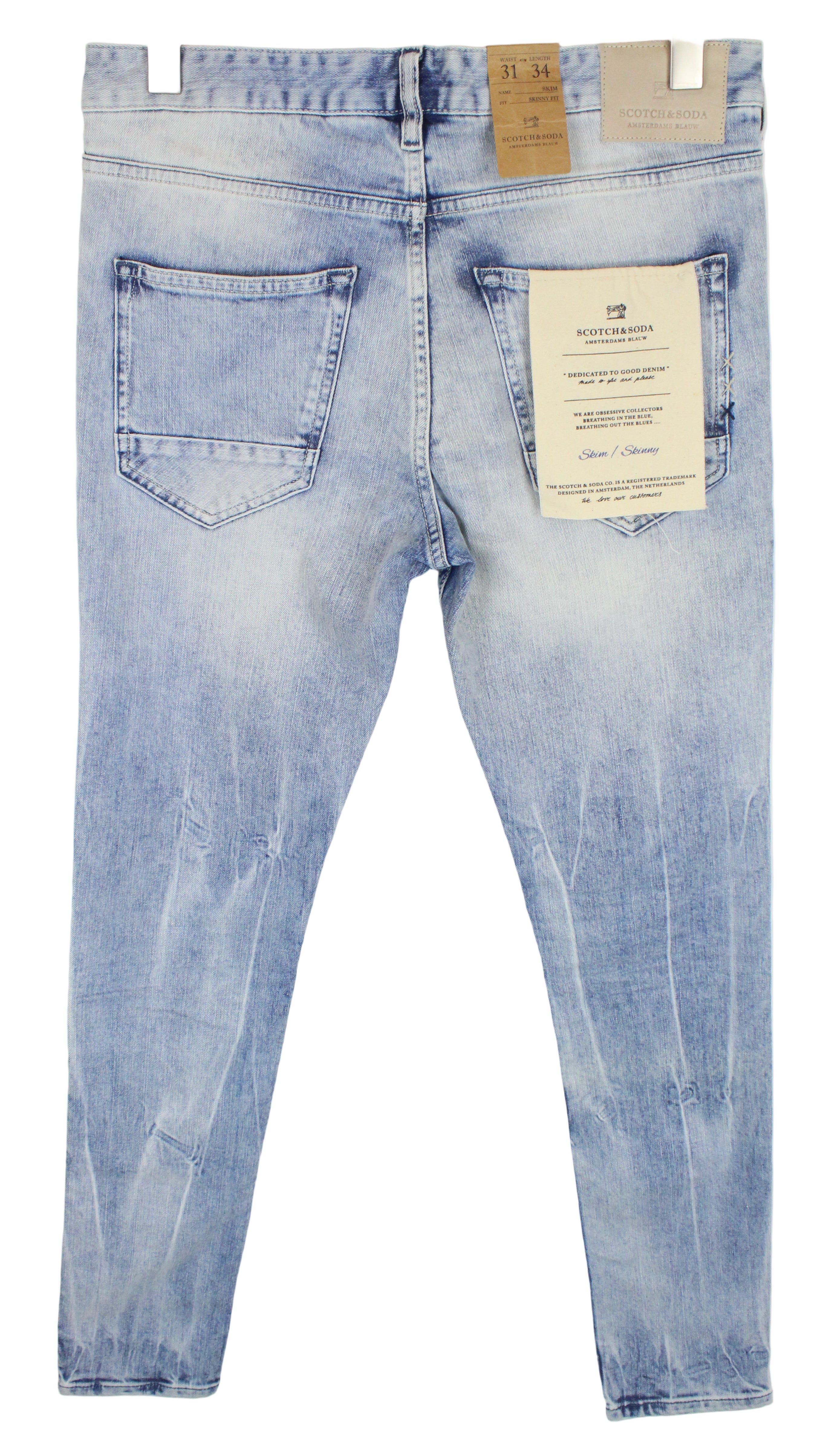 SCOTCH &amp; SODA Skim vyriški W31/L34 mėlyni medvilniniai tamprūs aptempti džinsai su 5 kišenėmis 