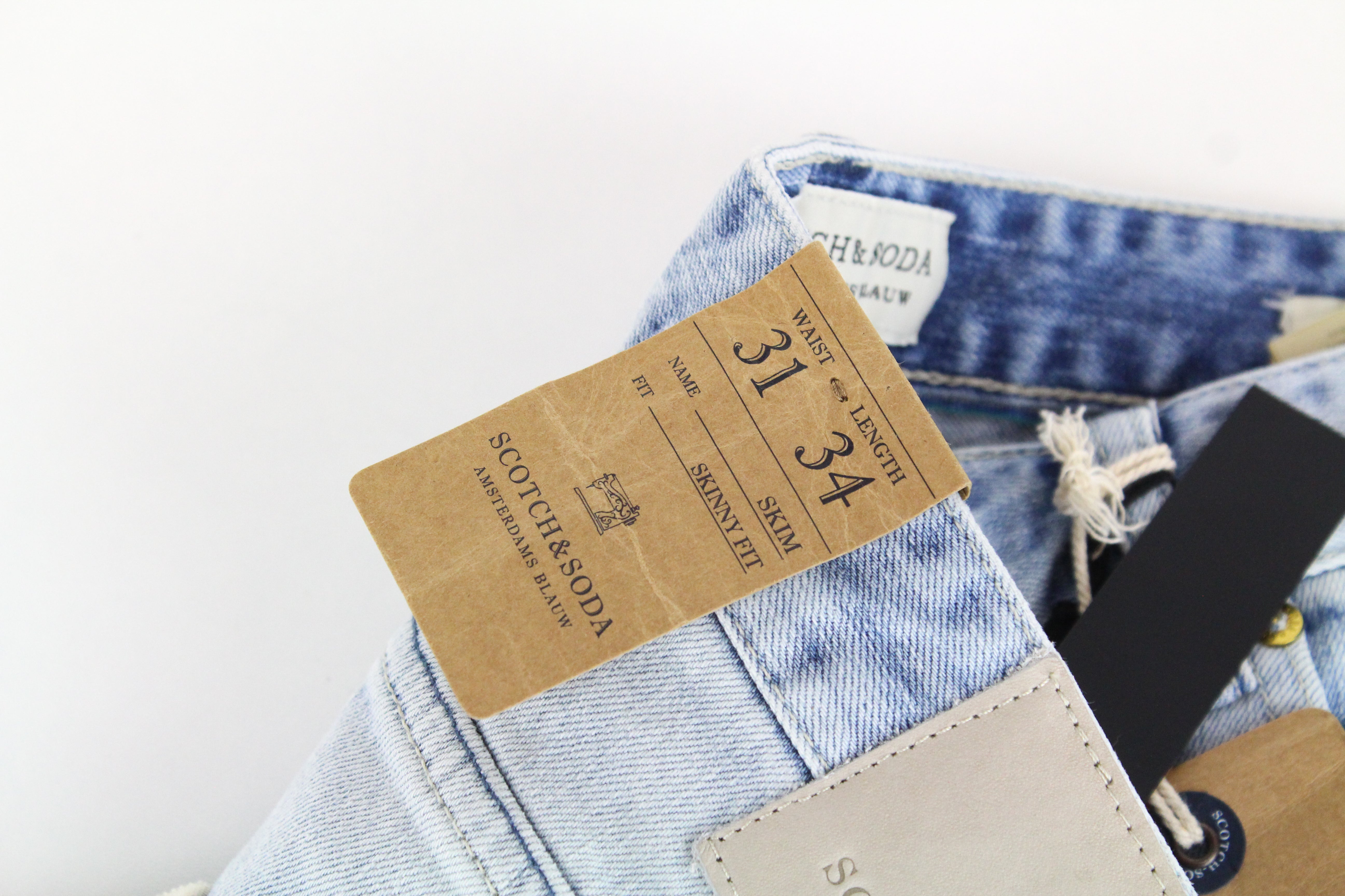 SCOTCH &amp; SODA Skim vyriški W31/L34 mėlyni medvilniniai tamprūs aptempti džinsai su 5 kišenėmis 