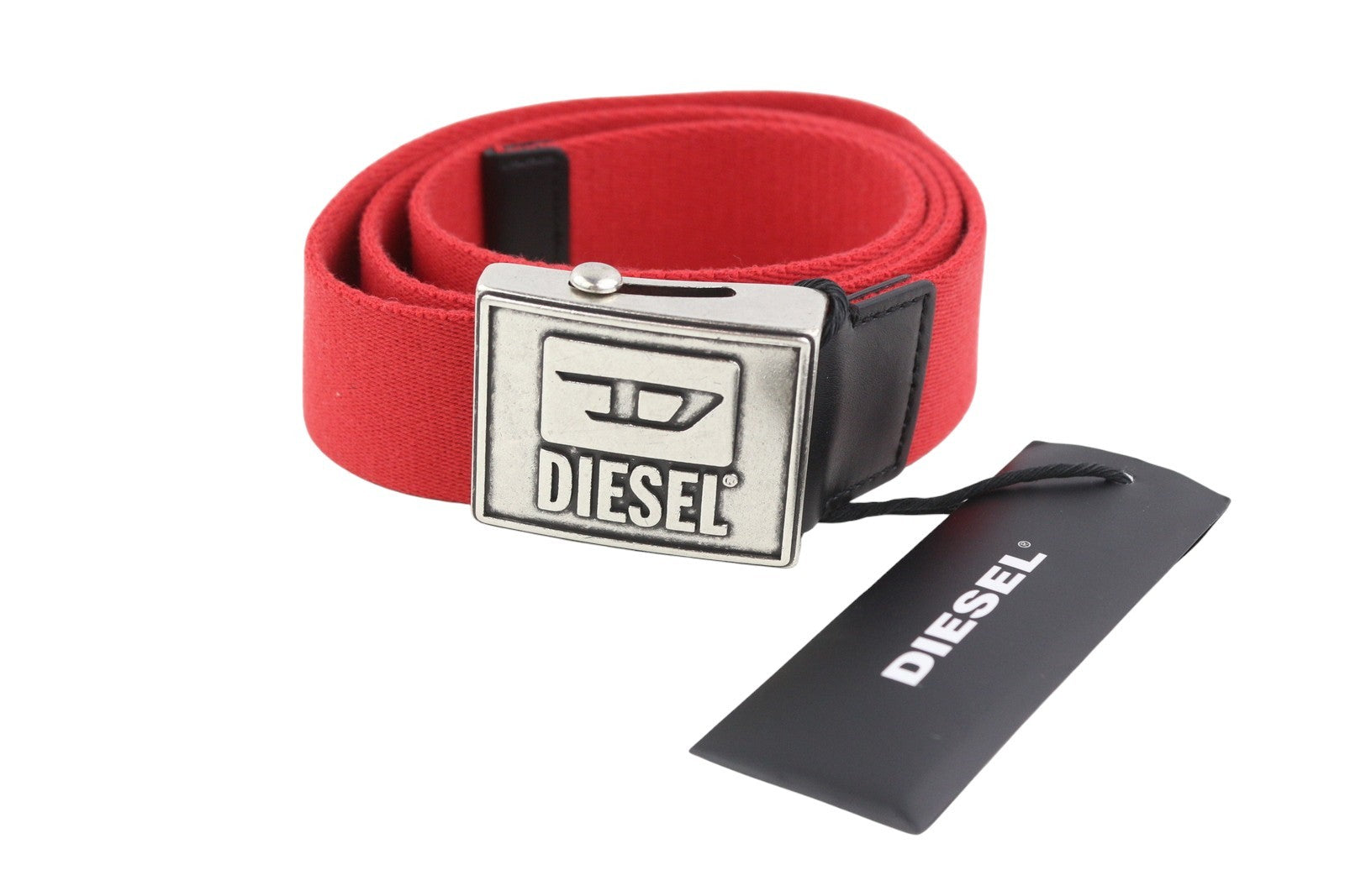 DIESEL B-Metaltape vyriškas diržas, 95 cm, vidutinės raudonos spalvos tekstilinis, sidabro spalvos, su plokštele ir sagtimi, logotipu. 