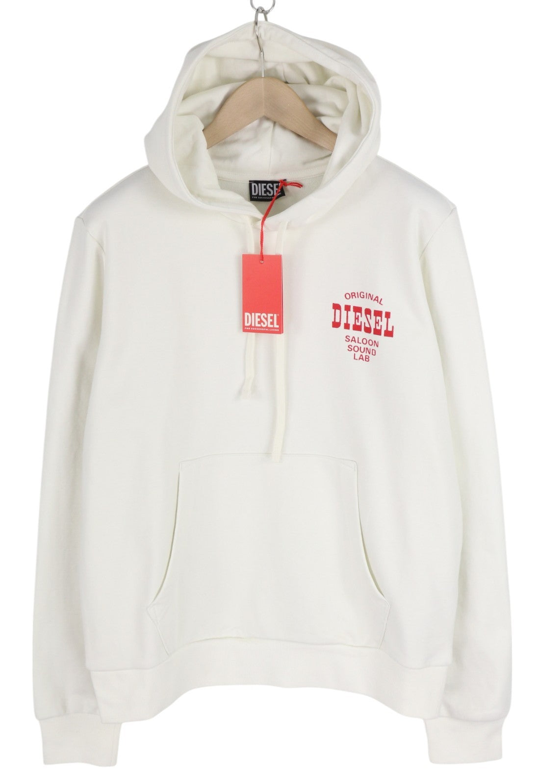 DIESEL S-Ginn-Hood-K28 vyriškas džemperis su gobtuvu L dydžio, baltas, su kengūros kišene, rekomenduojama kaina – 125 € 
