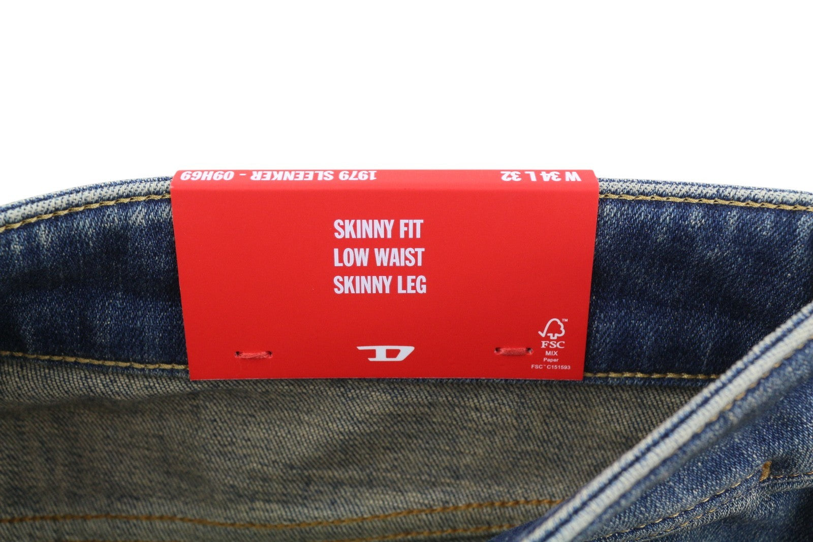 DIESEL 1979 Sleenker 09H69 vyriški džinsai W34/L32 aptempti, žemu juosmeniu, užtrauktuku, mėlyni, RRP225