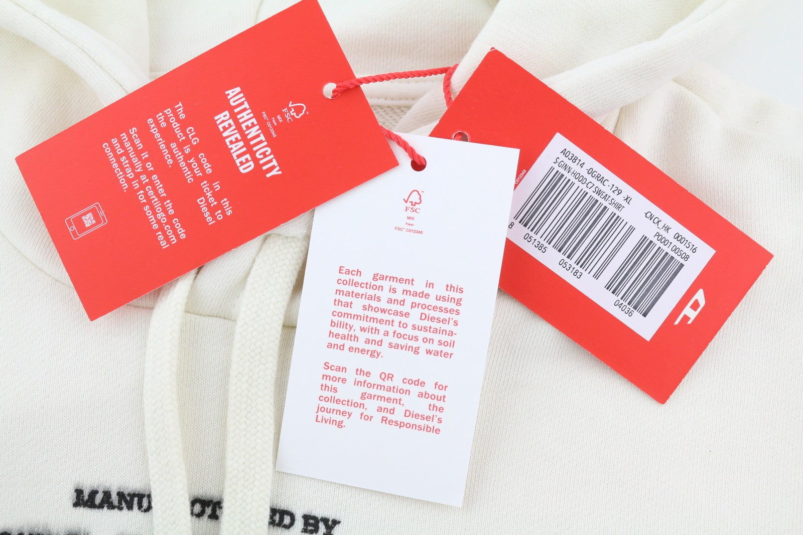 DIESEL S-Ginn-Hood-C7 vyriškas džemperis su gobtuvu XL dydžio, balkšvas, su kengūros kišene. RMK 150 €. 