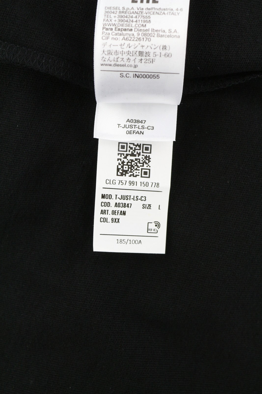 DIESEL T-Just-LS-C3 Men T-Shirt L Black Cotton Crew Neck Long Sleeve