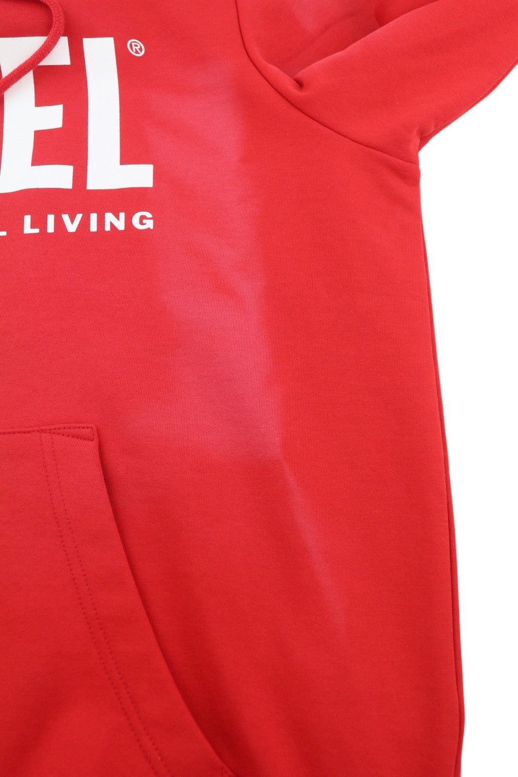 DIESEL S-Girk-Hood-Ecologo vyriškas džemperis su gobtuvu, L dydžio, raudonas, skalbtas, kengūros spalvos, rekomenduojama kaina – 150 € 