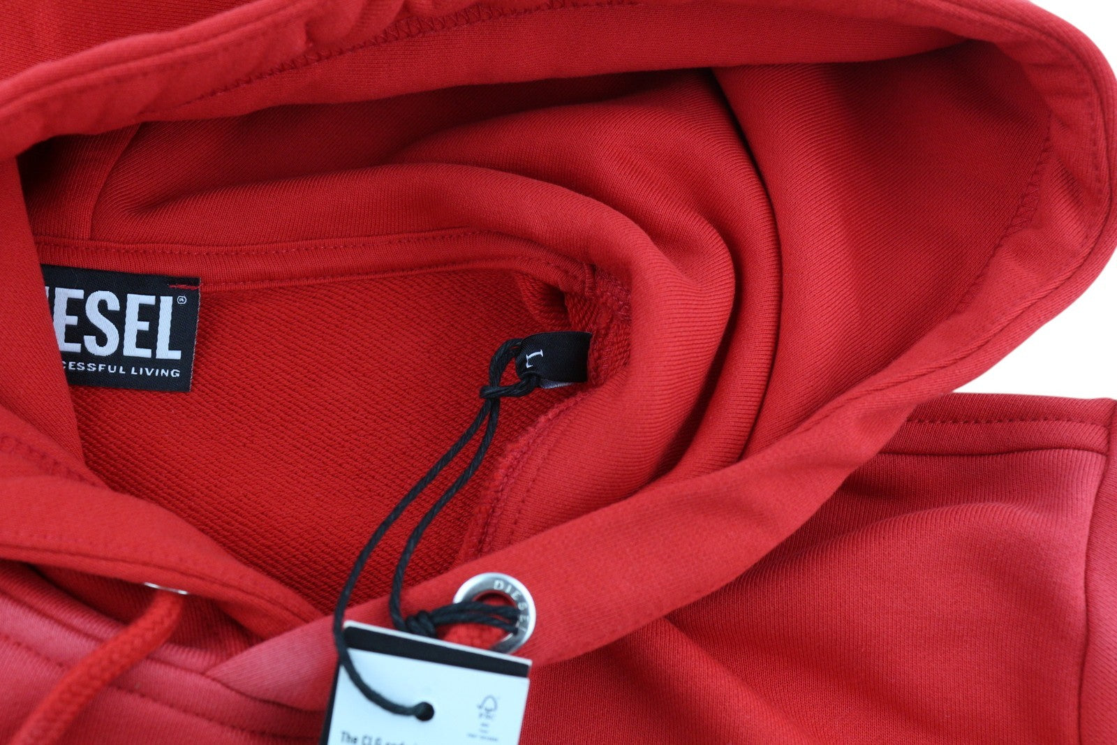 DIESEL S-Girk-Hood-Ecologo vyriškas džemperis su gobtuvu, L dydžio, raudonas, skalbtas, kengūros spalvos, rekomenduojama kaina – 150 € 