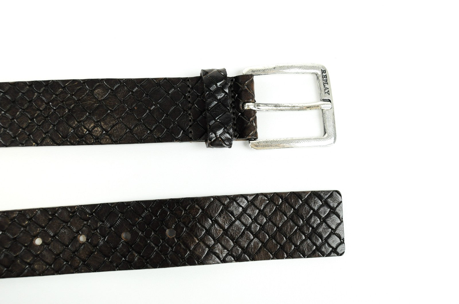 REPLAY vyriškas diržas 85 cm rudas odinis diržas su logotipu ir kvadratiniais galais 