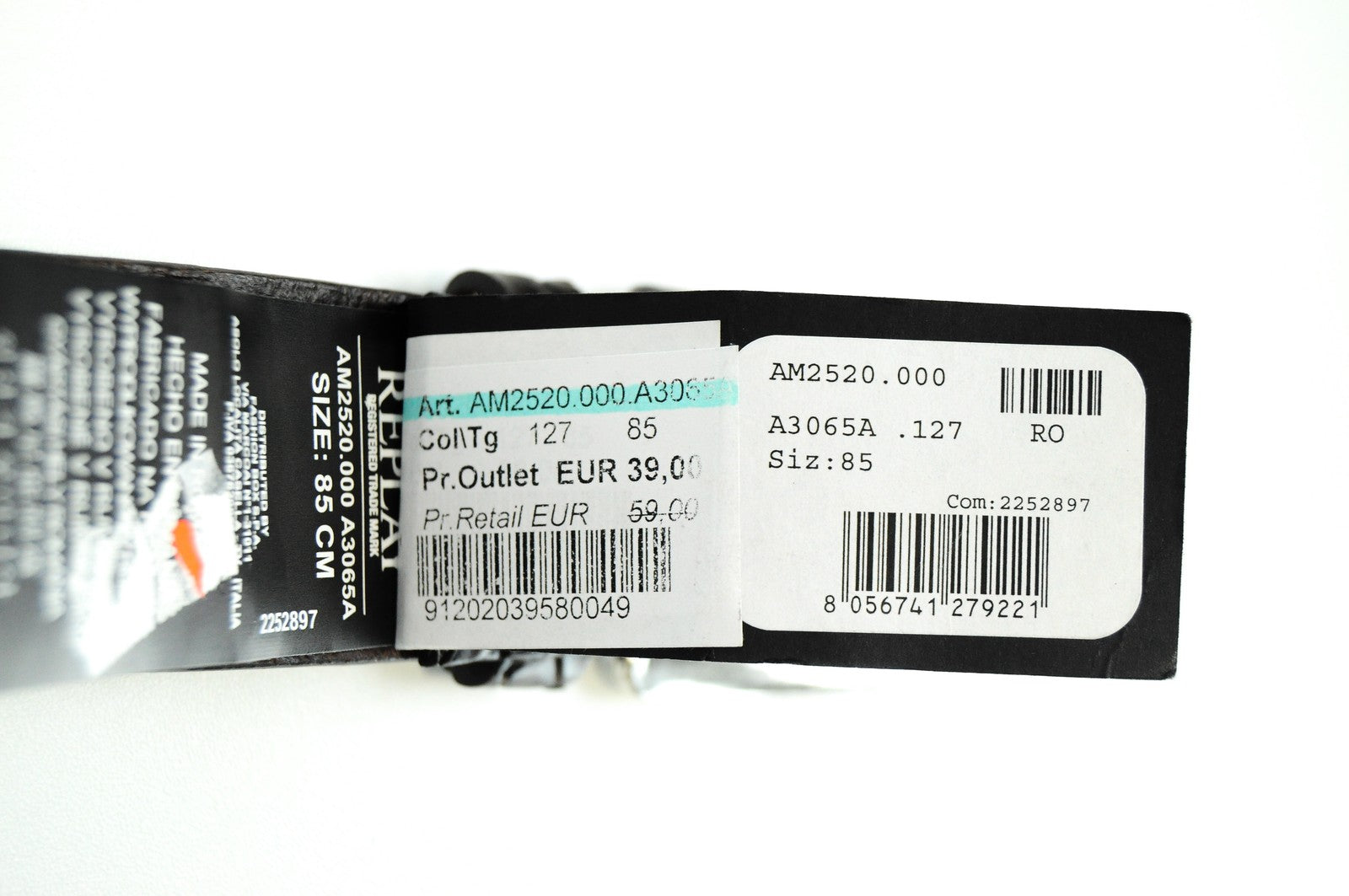 REPLAY vyriškas diržas 85 cm rudas odinis diržas su logotipu ir kvadratiniais galais 