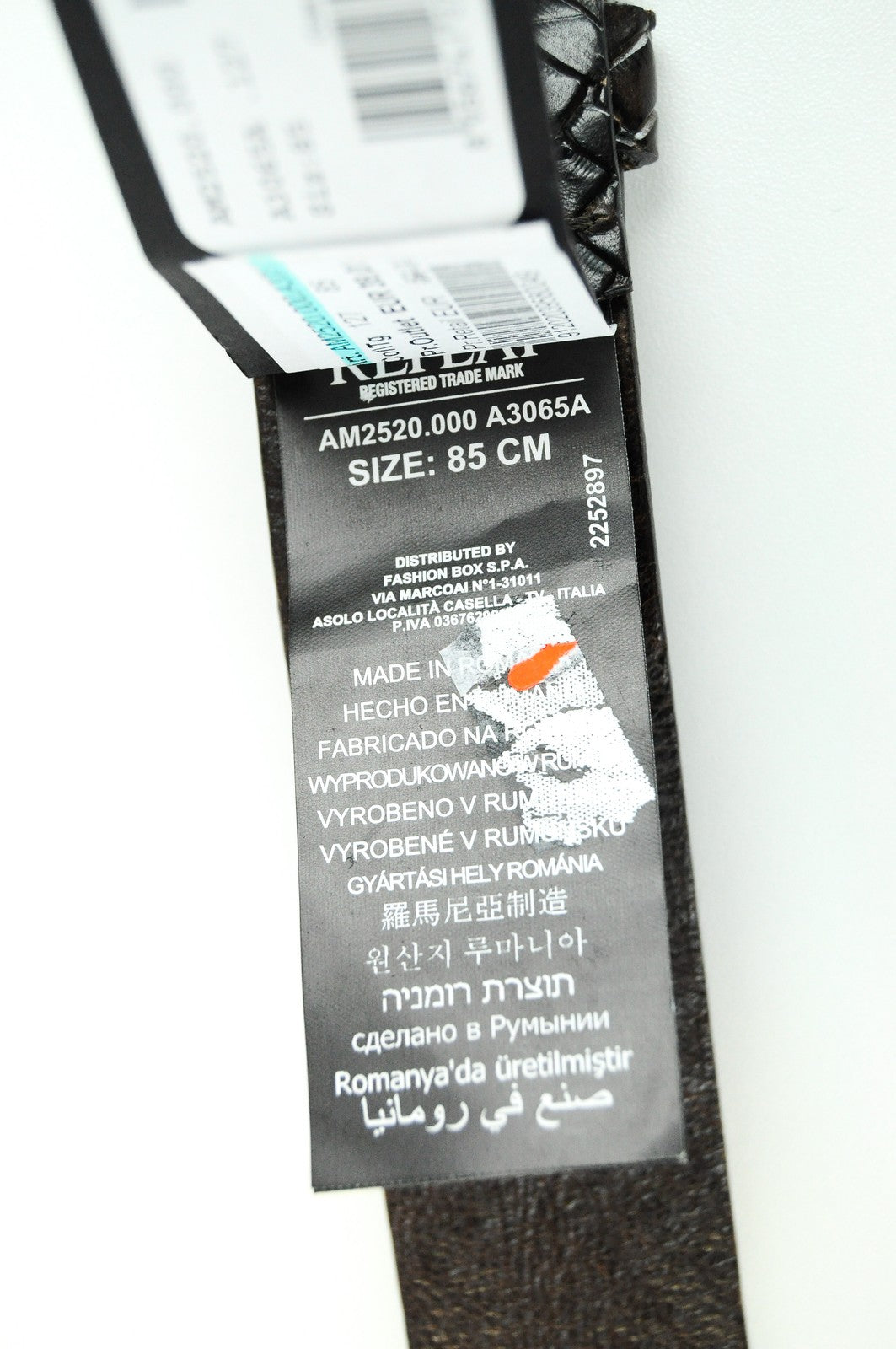 REPLAY vyriškas diržas 85 cm rudas odinis diržas su logotipu ir kvadratiniais galais 