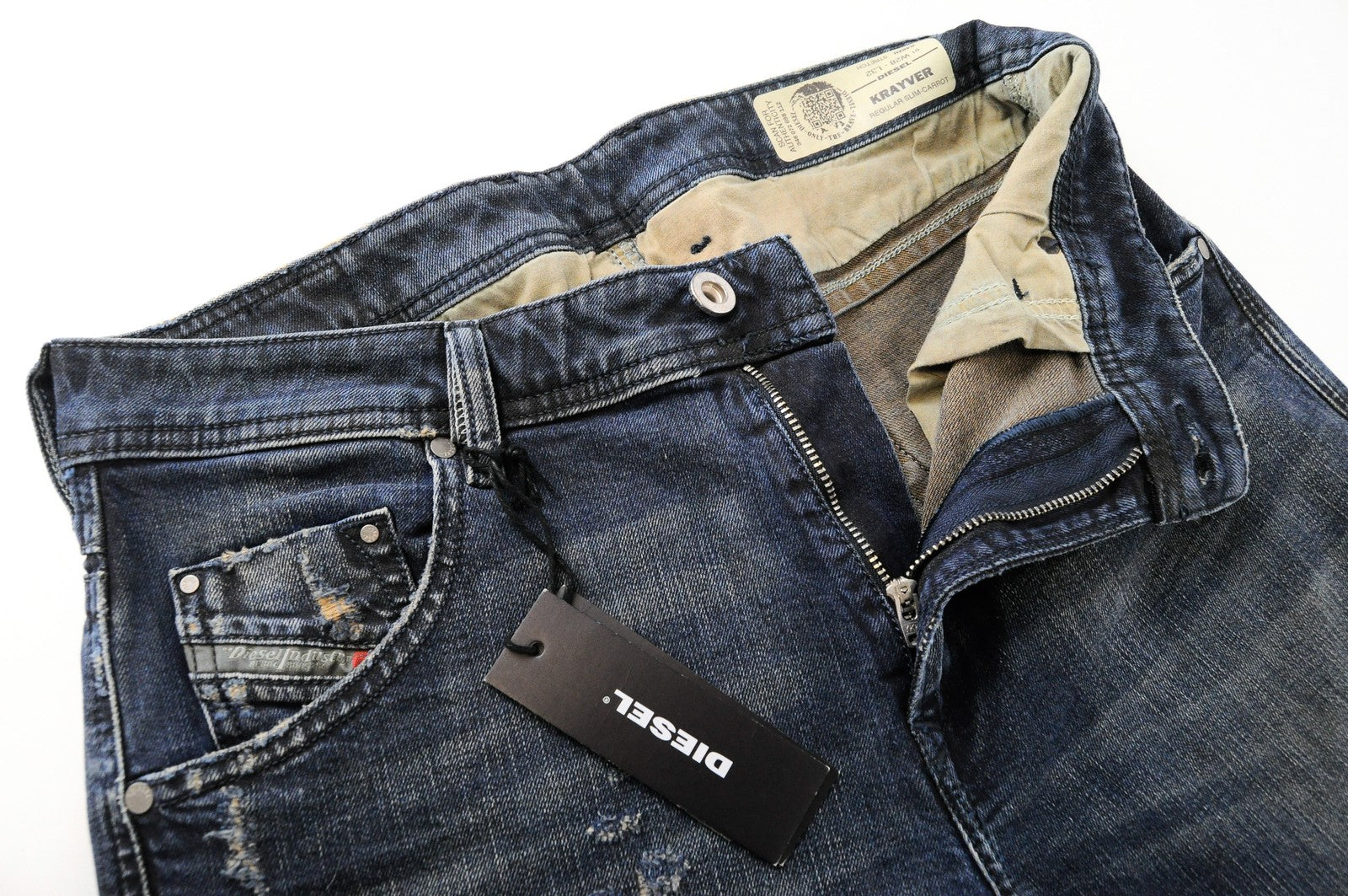 DIESEL Krayver R48XU vyriški džinsai W28/L32 plėšyti ploni morkų kirpimo tamprūs džinsai 