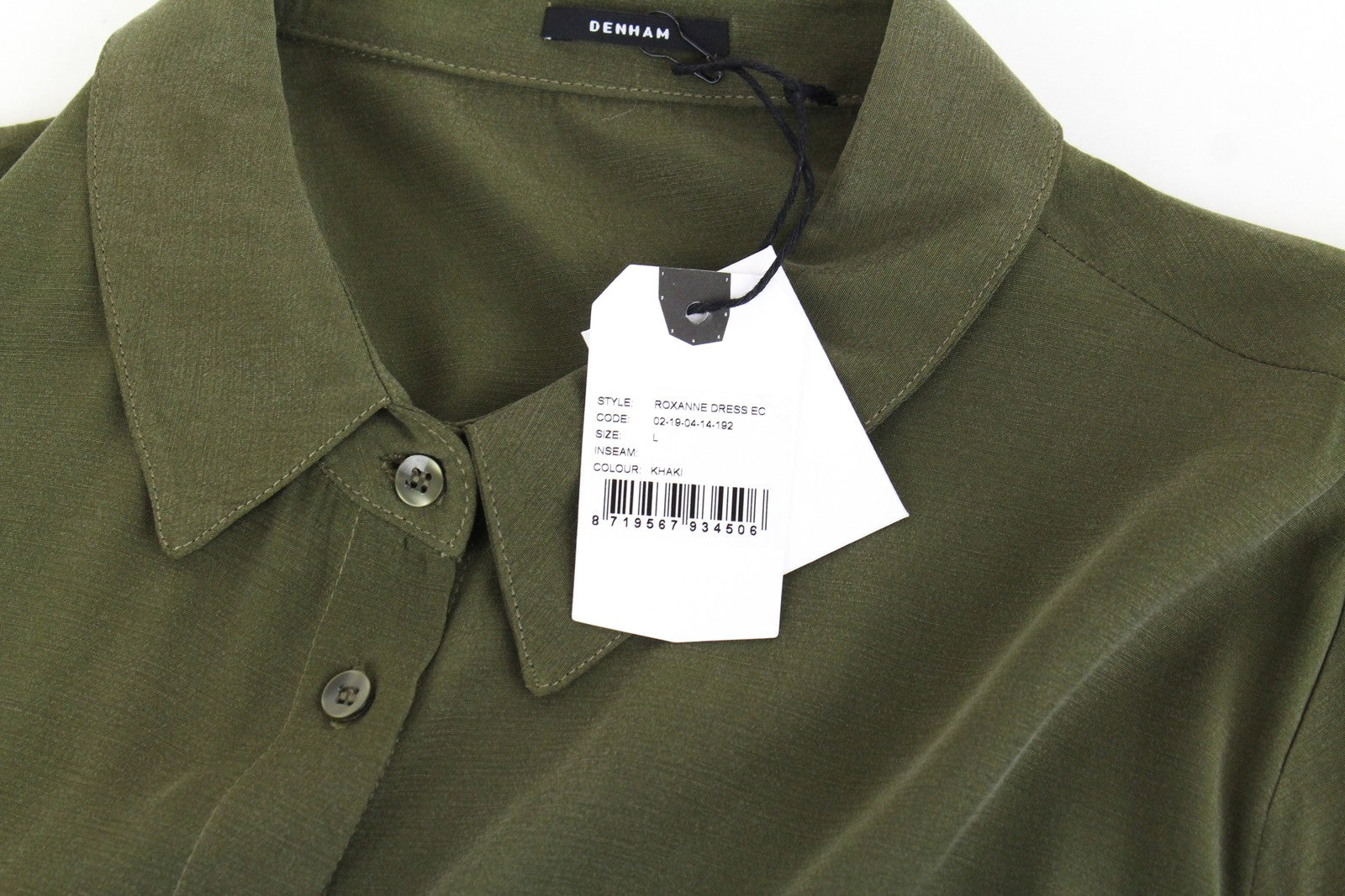 DENHAM Roxanne moteriška žalia ilga suknelė su diržu ir trumpomis rankovėmis, sagomis užsegama apykakle 