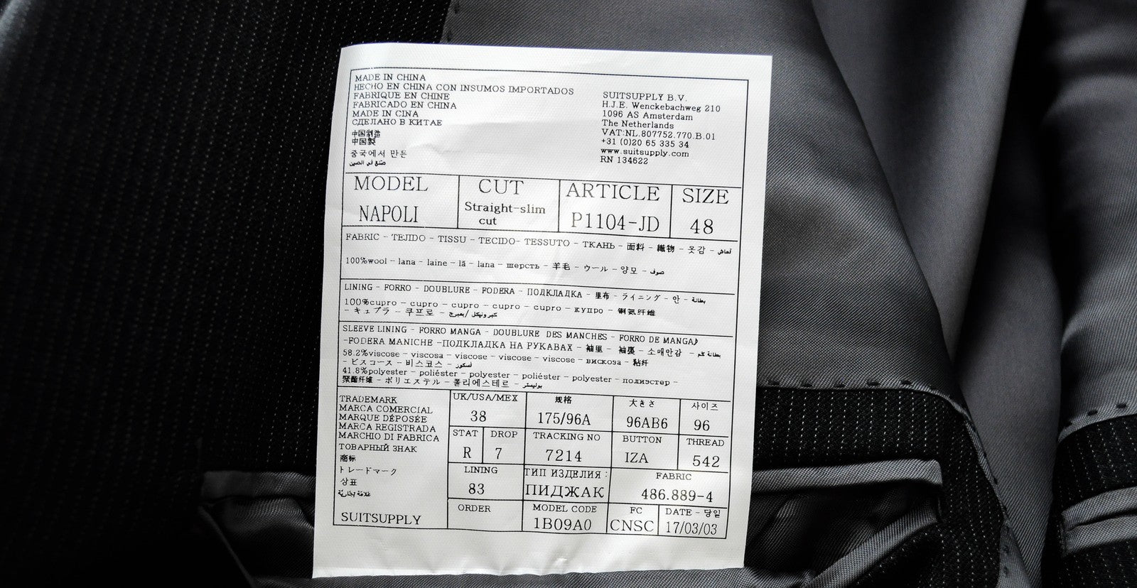 „SUITSUPPLY Napoli“ vyriškas švarkas UK38R vilnonis „Super 110's“ dryžuotas pilkas kostiumo švarkas 