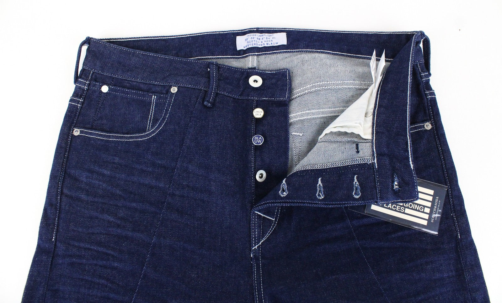 SCOTCH &amp; SODA Ams Blauw vyriški laisvo kirpimo mėlyni džinsai su 5 kišenėmis ir sagomis 