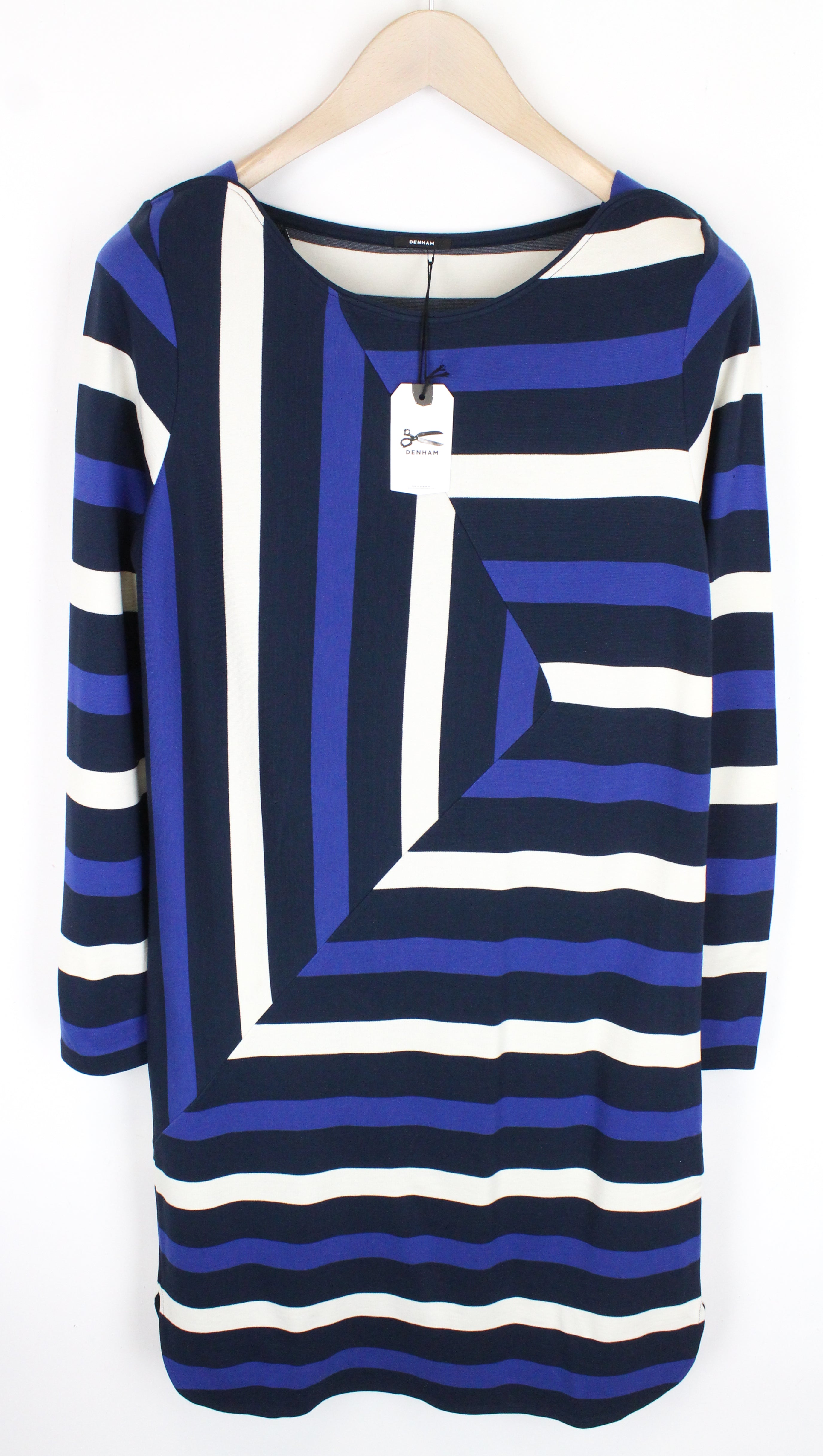 DENHAM Steal moteriška mėlyna raštuota megztinė suknelė virš kelių 