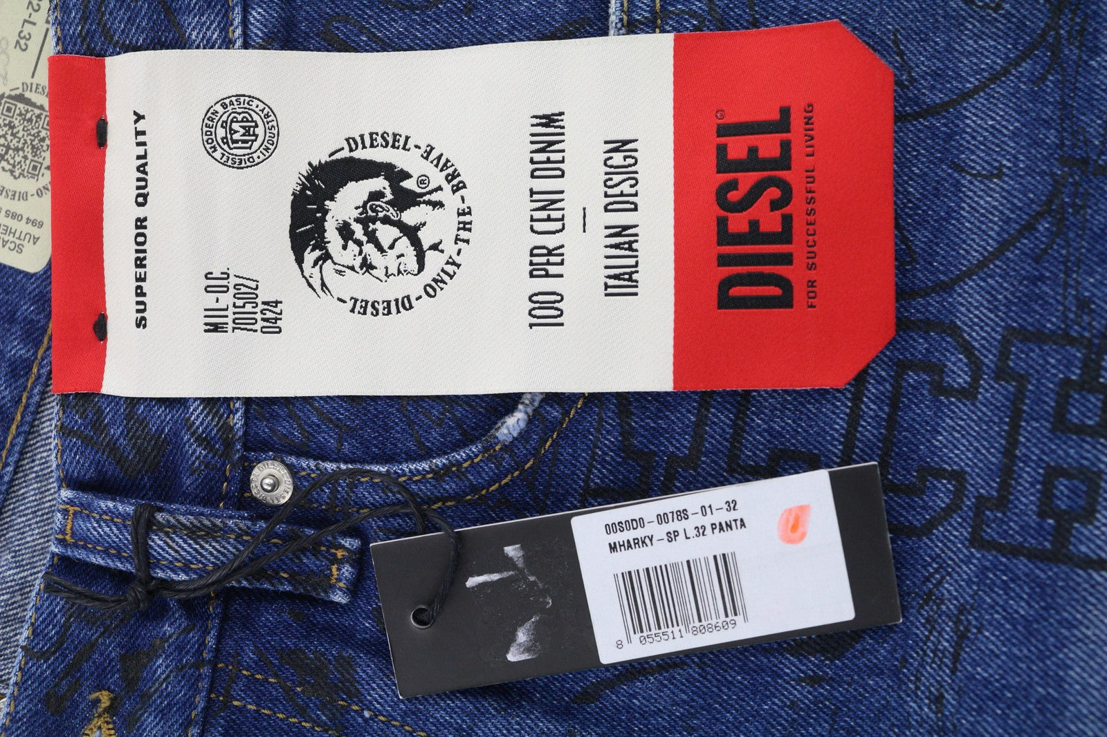 DIESEL Mharky-SP 0078S vyriški džinsai W32/L32 Slim Skinny mėlyni medvilniniai raštai 