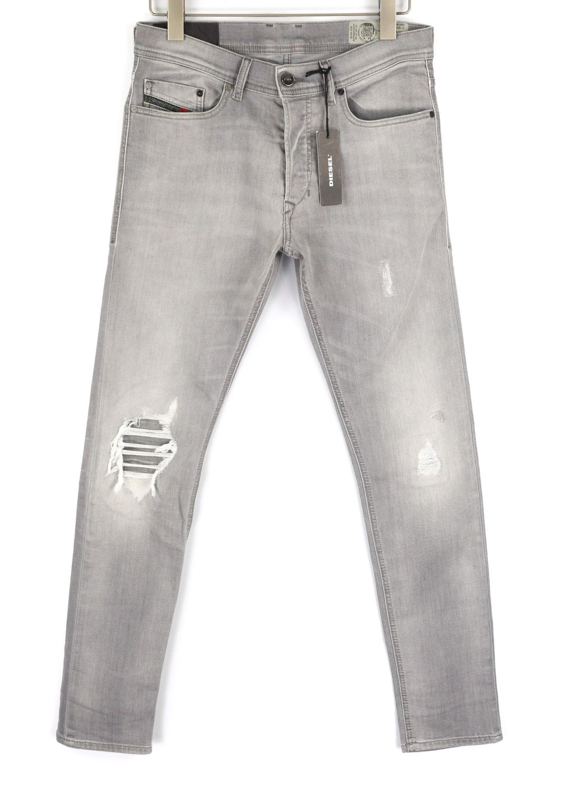 DIESEL Tepphar 0687W vyriški džinsai W30/L32 Slim morkų pilkos spalvos, tamprios, plėšytos medvilnės