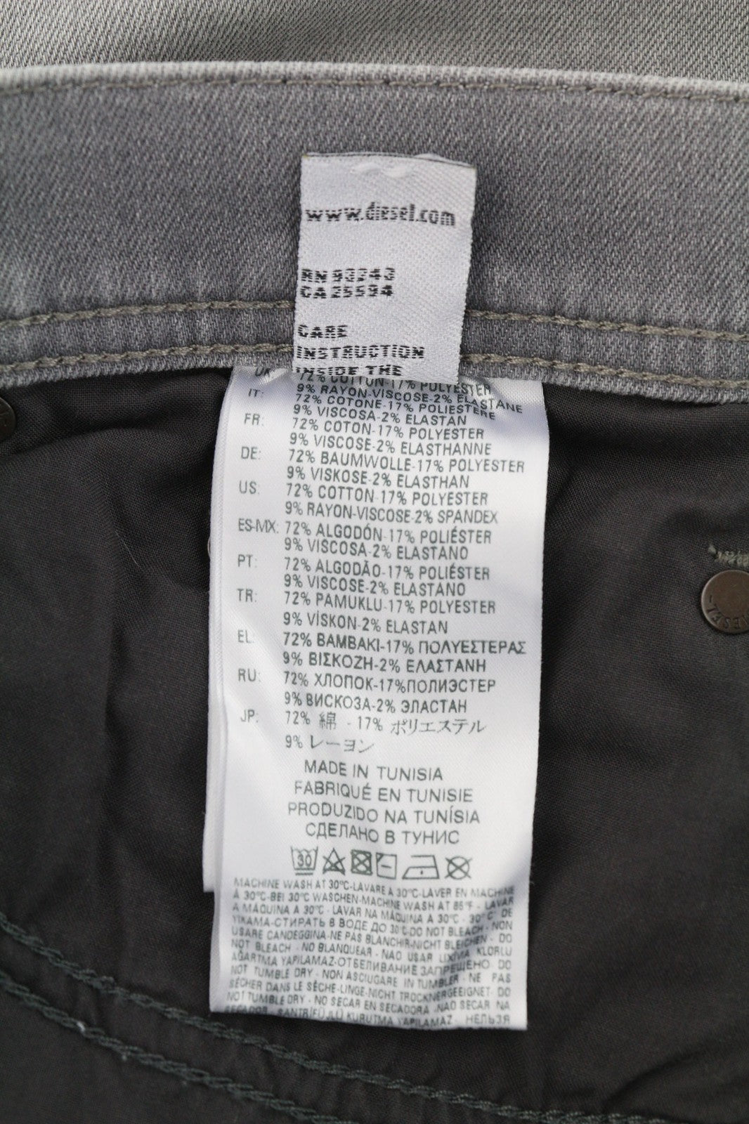 DIESEL Tepphar 0687W vyriški džinsai W30/L32 Slim morkų pilkos spalvos, tamprios, plėšytos medvilnės