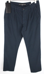 RICHMOND Men's 48 Blue Loose Fit Cotton Linen Pleated Front Casual Trousers