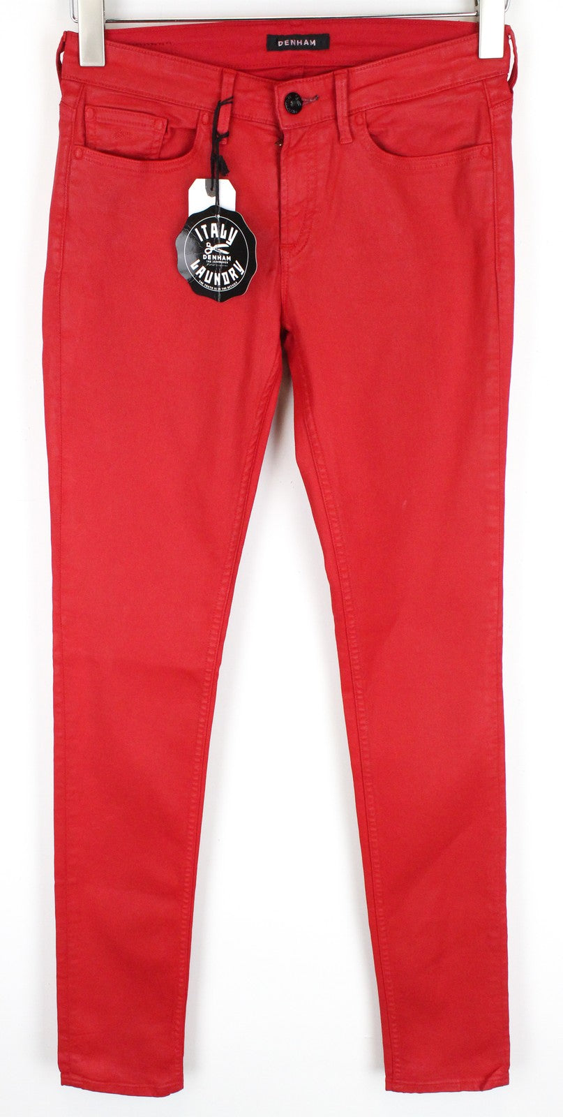 DENHAM Cleaner moteriški raudoni W25/L34 vaškuoti tamprūs, ploni džinsai 