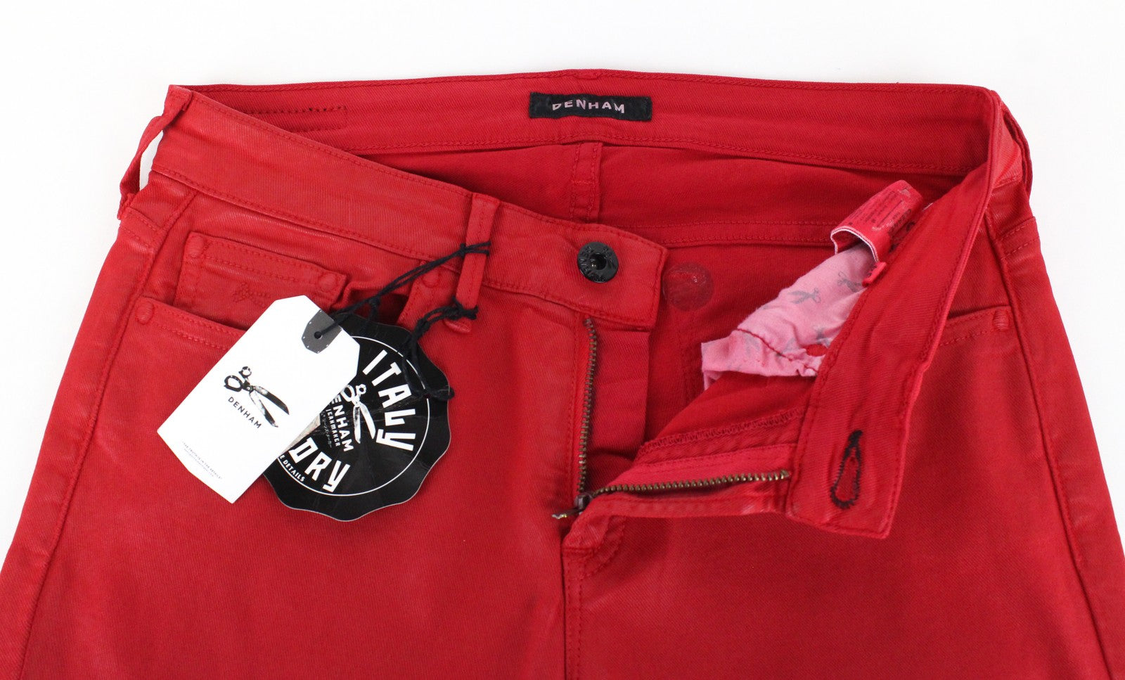 DENHAM Cleaner moteriški raudoni W25/L34 vaškuoti tamprūs, ploni džinsai 