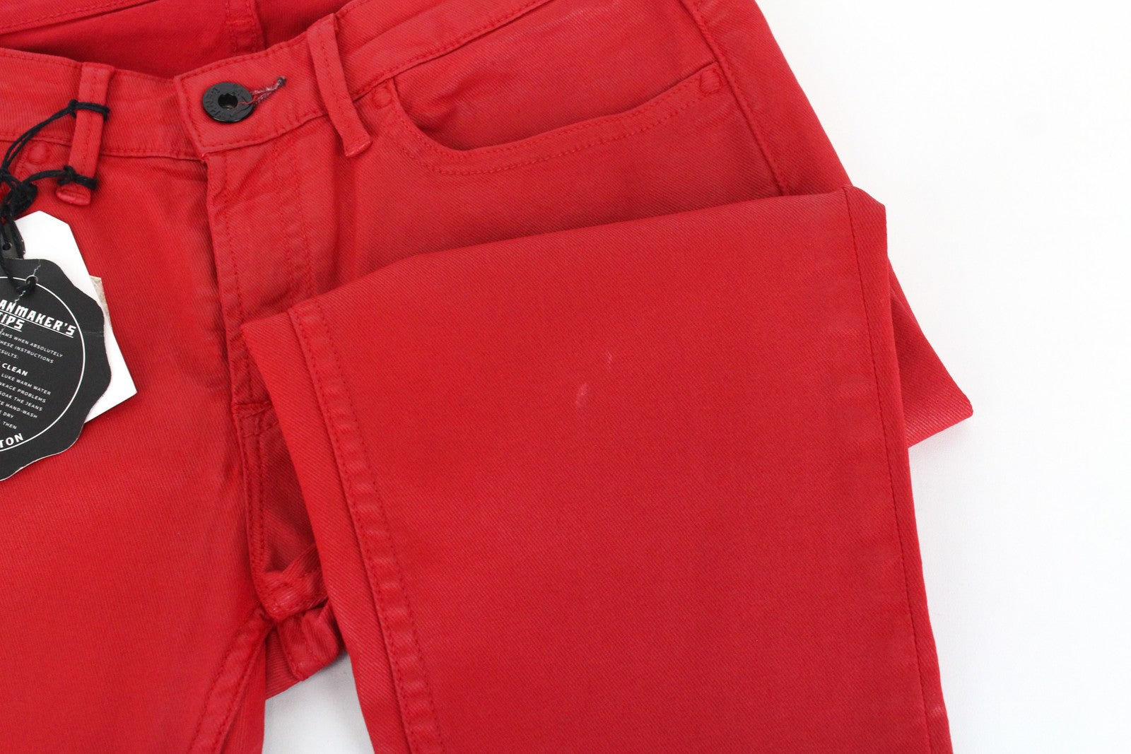 DENHAM Cleaner moteriški raudoni W25/L34 vaškuoti tamprūs, ploni džinsai 