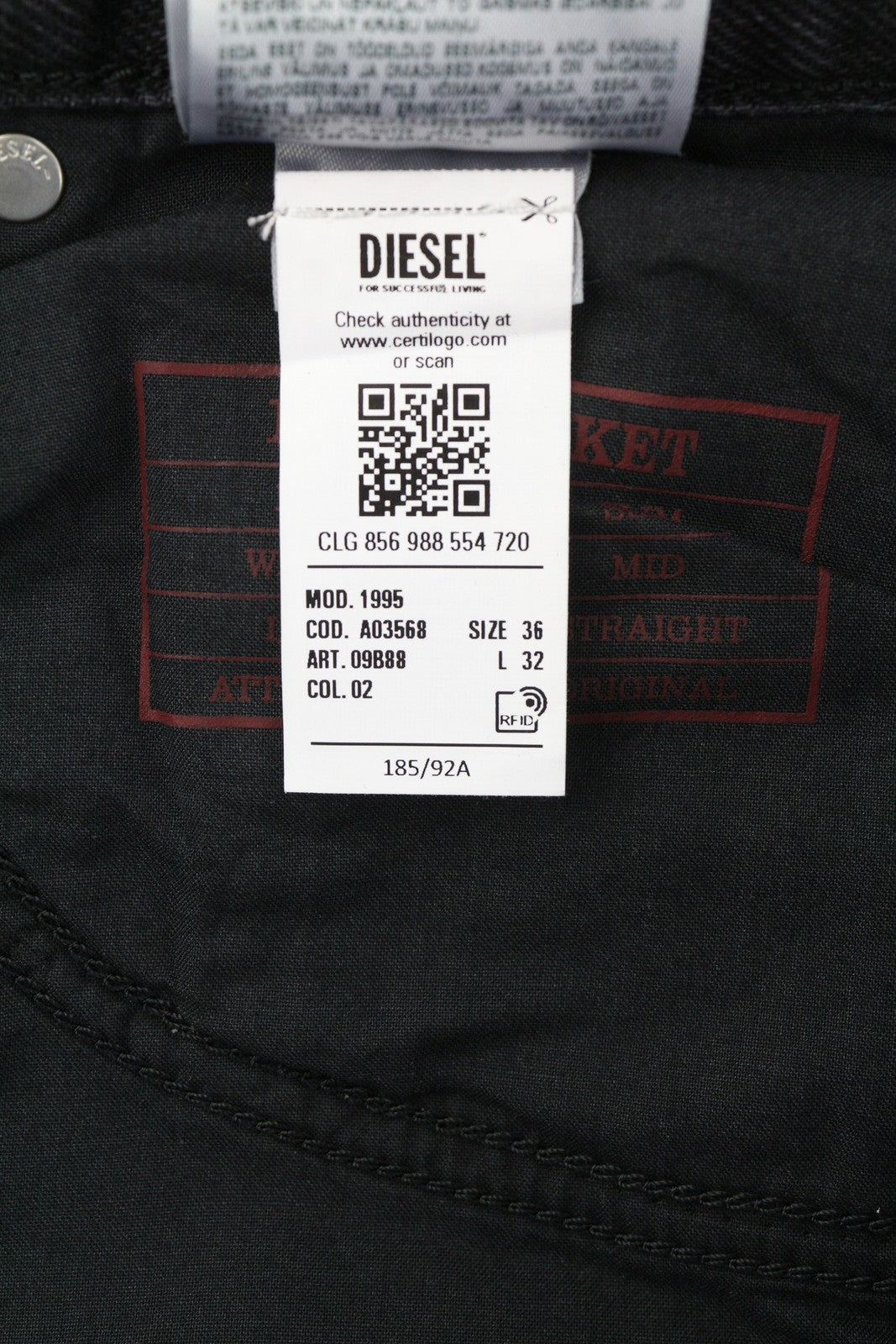 DIESEL 1995 D-SARK 09B88 vyriški džinsai W36/L32 Slim tiesūs skalbtos juodos spalvos RRP 185 € 