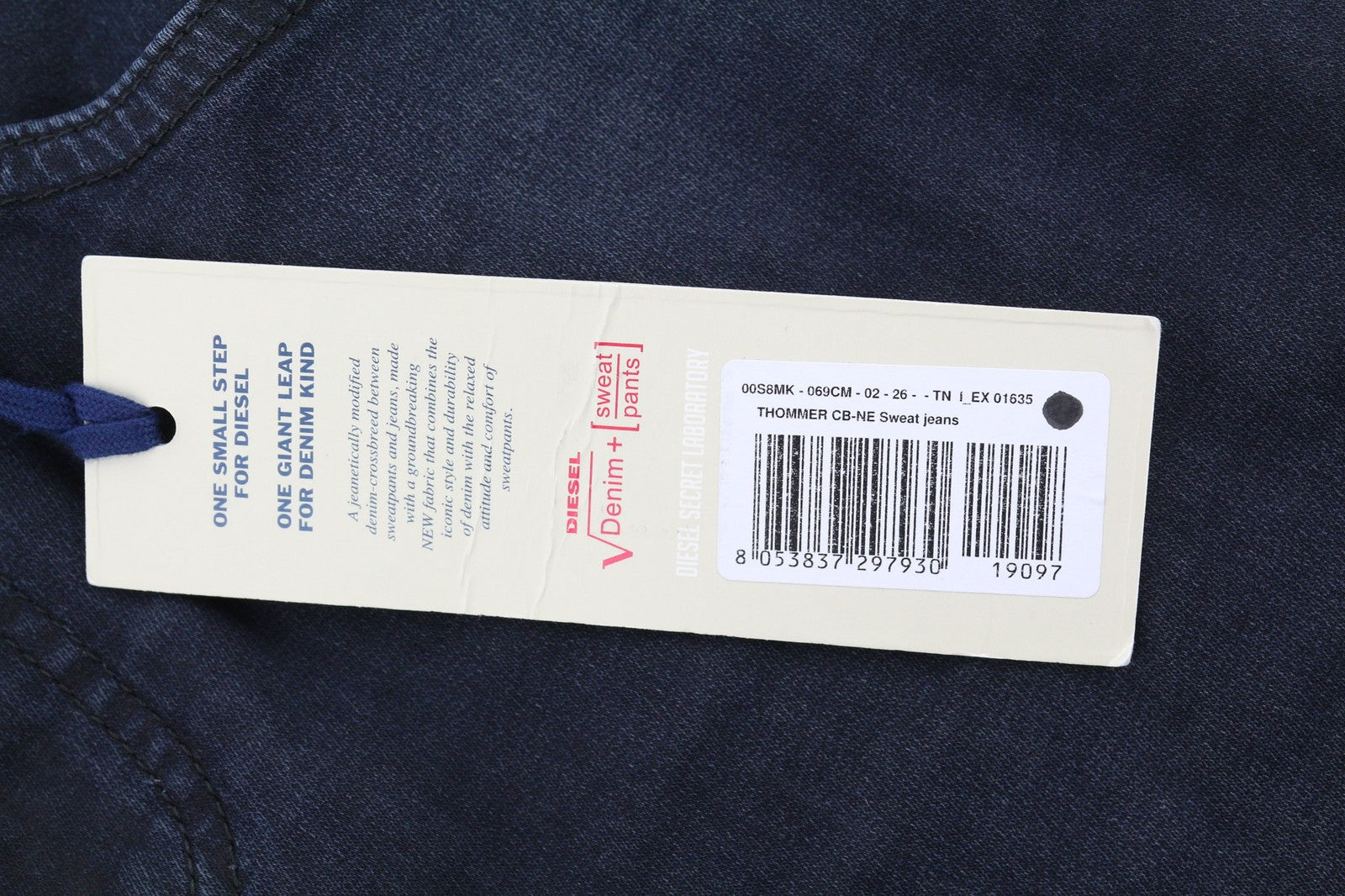 DIESEL Thommer CB-NE 069CM vyriški džinsai W26 Sweat Jogg ploni tamsiai mėlyni, elastingi 