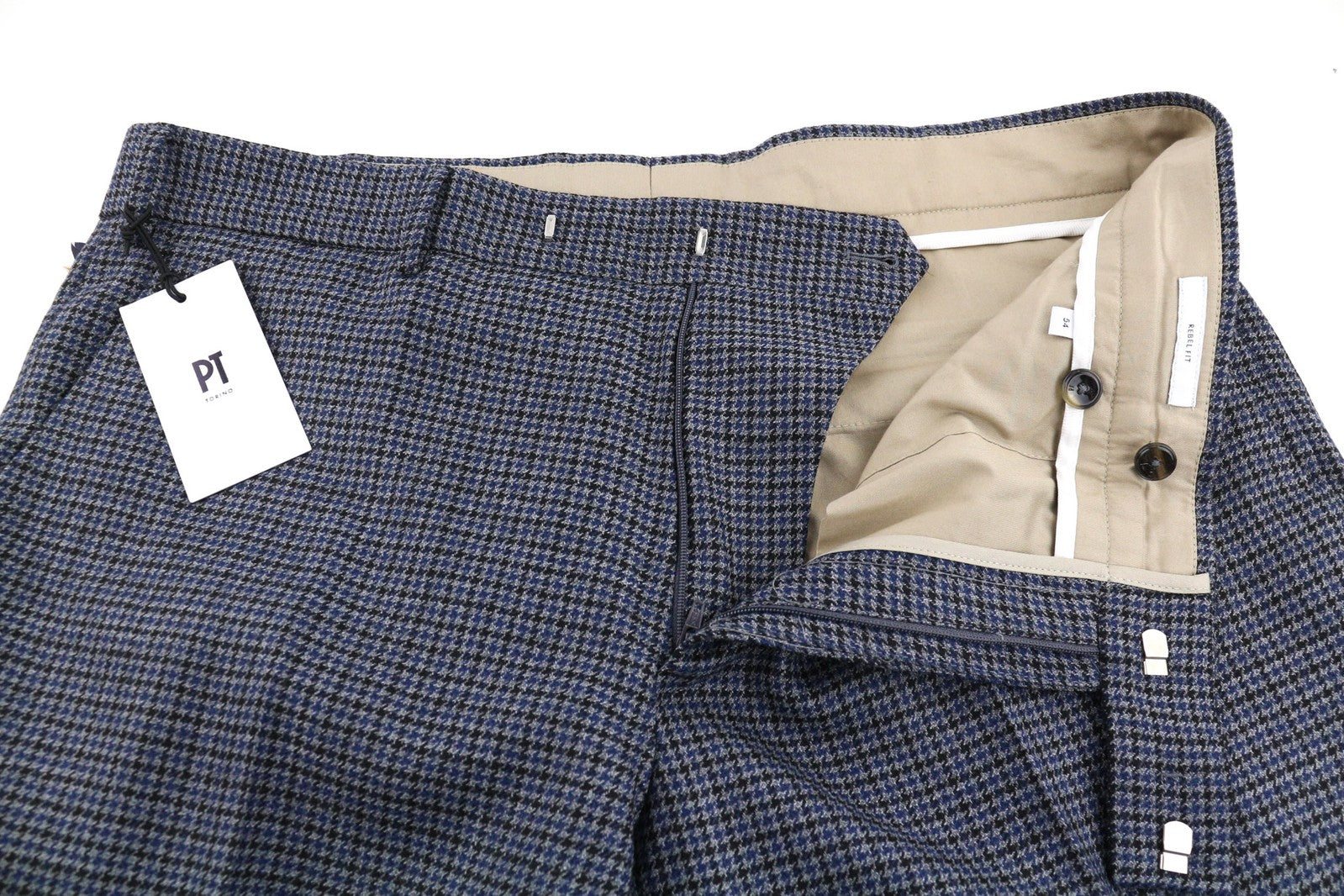 PT TORINO vyriškos kelnės 54 W39 Rebel mėlyna pilka raštuota grynos vilnos klostuota suknelė 