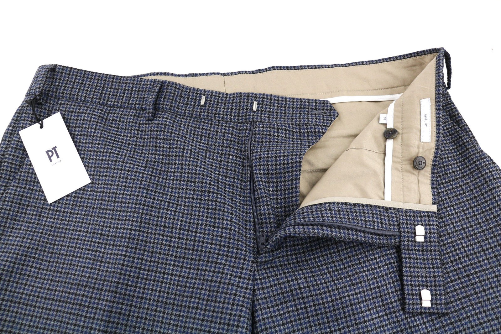 PT TORINO vyriškos kelnės 56 W39 Rebel mėlynos pilkos raštuotos grynos vilnos klostuotos 