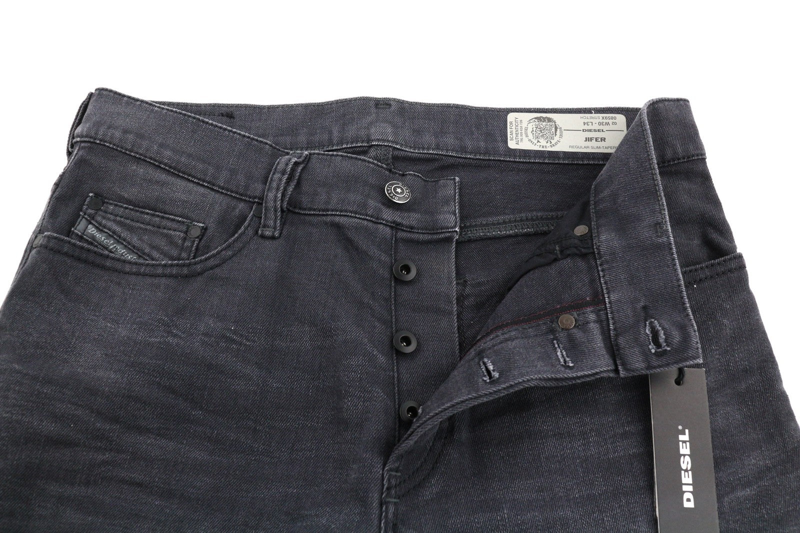 DIESEL Jifer 0859X vyriški džinsai W30/L34 Slim Tapered su sagomis ir juodi, tamprūs 