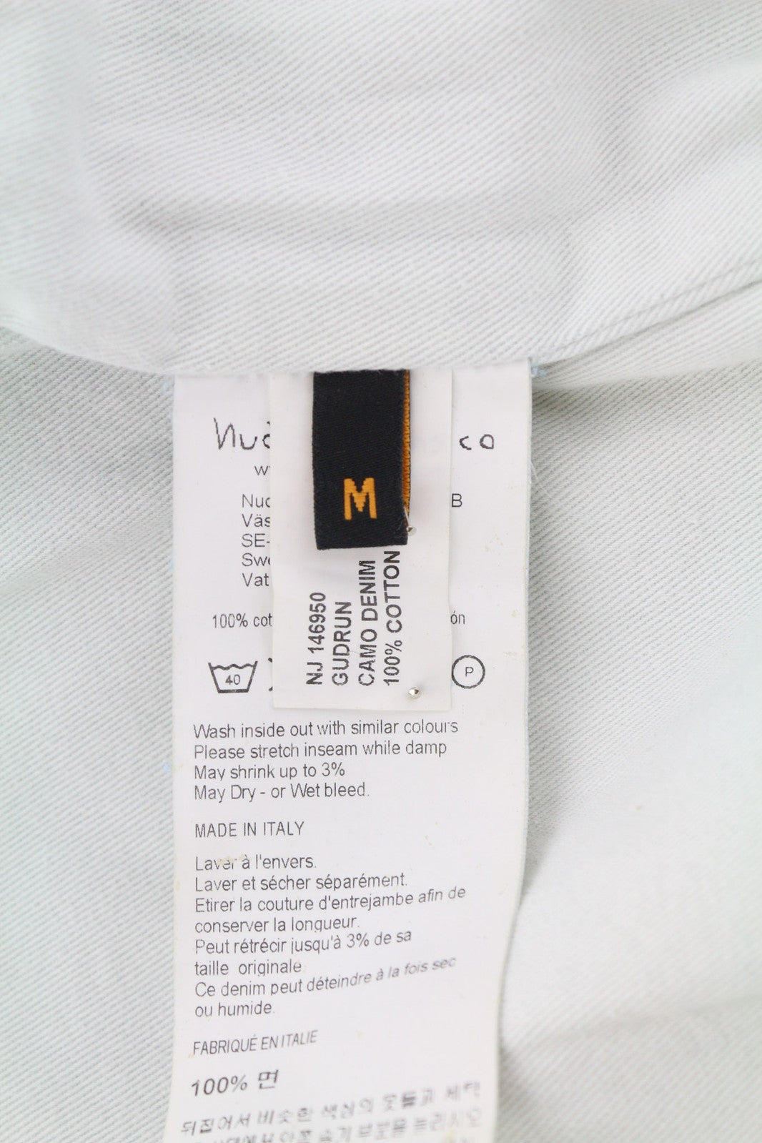 NUDIE Gudrun moteriška striukė M, kamufliažinė, džinsinė, medvilninė, su užtrauktuku ir pamušalu, skalbtos mėlynos kišenės 