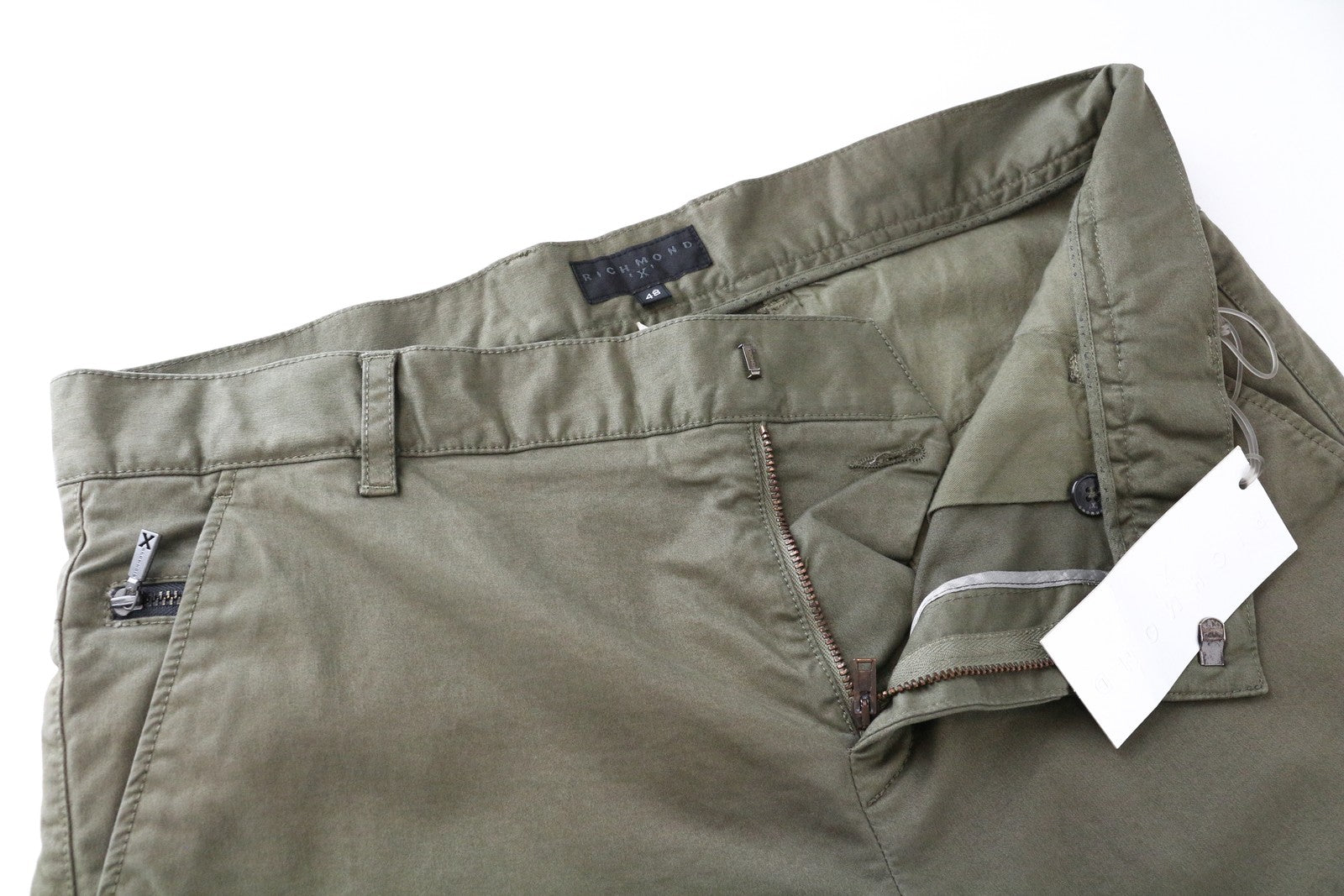 RICHMOND X Men's Trousers 48 Khaki Green Zip-Fly Stretchy Chino Style Straight