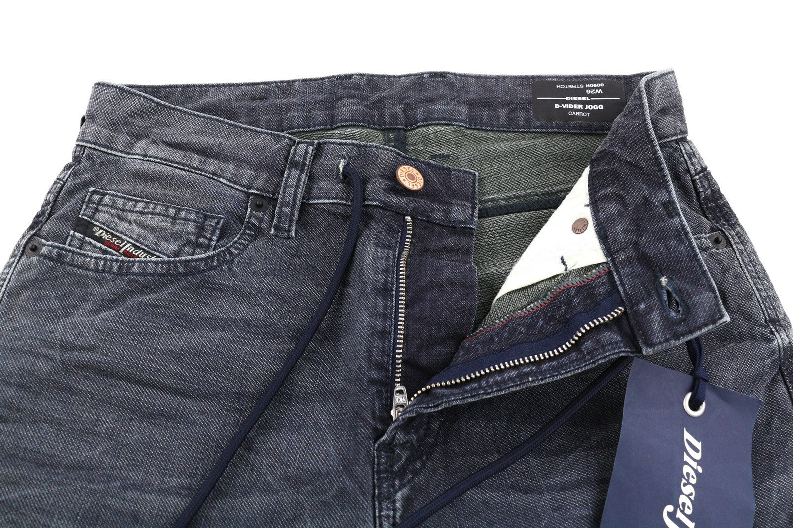 DIESEL D-Vider CB-NE 0090H vyriški džinsai W26 sportiniai jogginiai morkų mėlyni, tamprūs, skalbti 