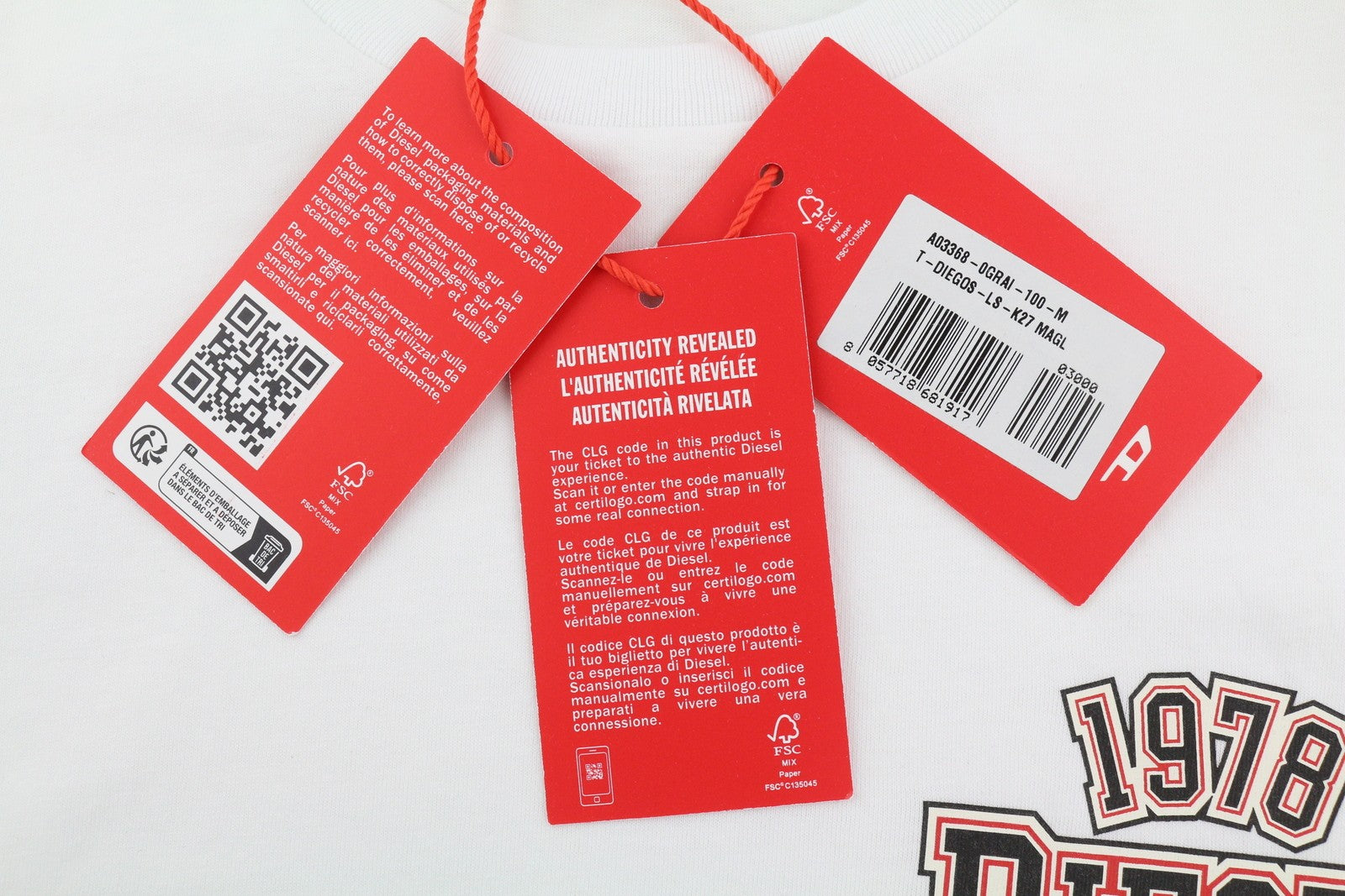 DIESEL T-Diegos-LS-K27 vyriški marškinėliai M balti medvilniniai ilgomis rankovėmis apvalios iškirptės trikotažo marškinėliai 