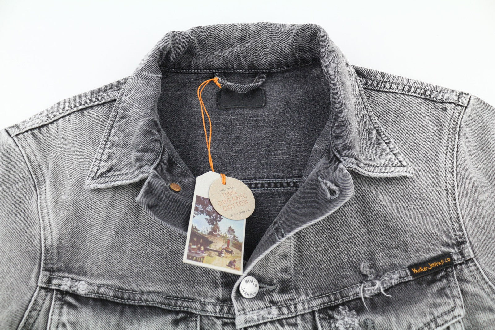 NUDIE Billy šviesiai pilka džinsinė vyriška striukė M su išblukusia sagų užsegimu 