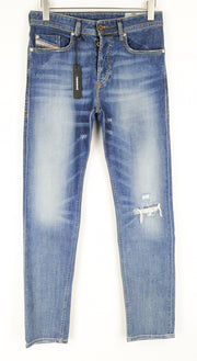 DIESEL Buster R4TW8 vyriški džinsai W31/L32 Slim Taper Fit, plėšyti, mėlyni, tamprūs džinsai 